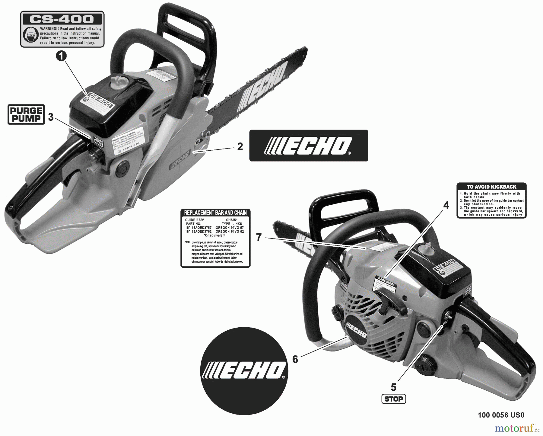 Echo Sägen, Kettensägen CS-400 - Echo Chainsaw, S/N: C08111001001 - C08111999999 Labels