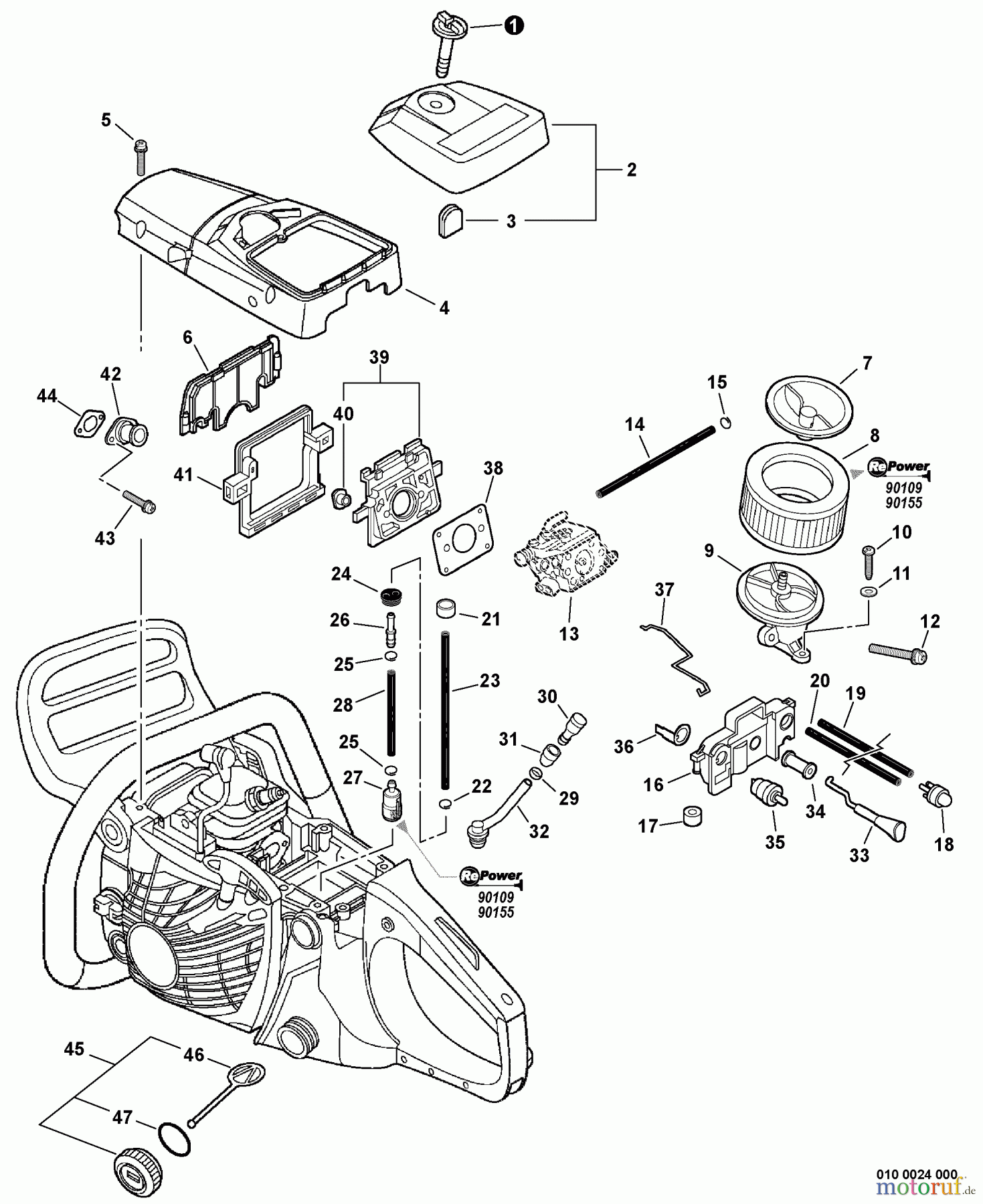 Echo Sägen, Kettensägen CS-400 - Echo Chainsaw, S/N: C09212001001 - C09212999999 Intake, Cylinder Cover, Ignition Switch, Fuel System S/N: C09212141101 - C09212999999