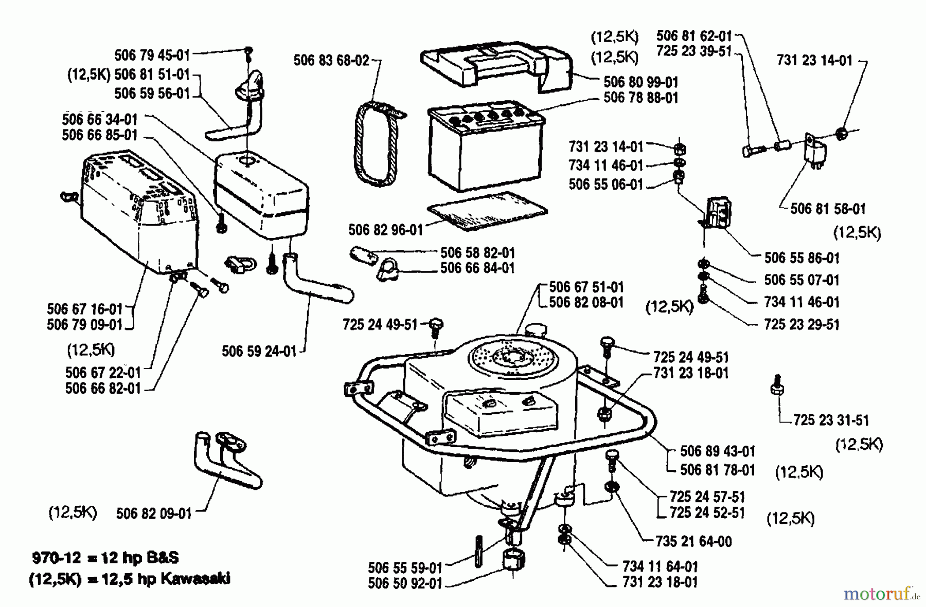 Husqvarna Reitermäher, Motor hinten Rider 970 12 - Husqvarna Swedish Rider (1992-03 to 1993-04) Engine Silencer & Battery Assembly