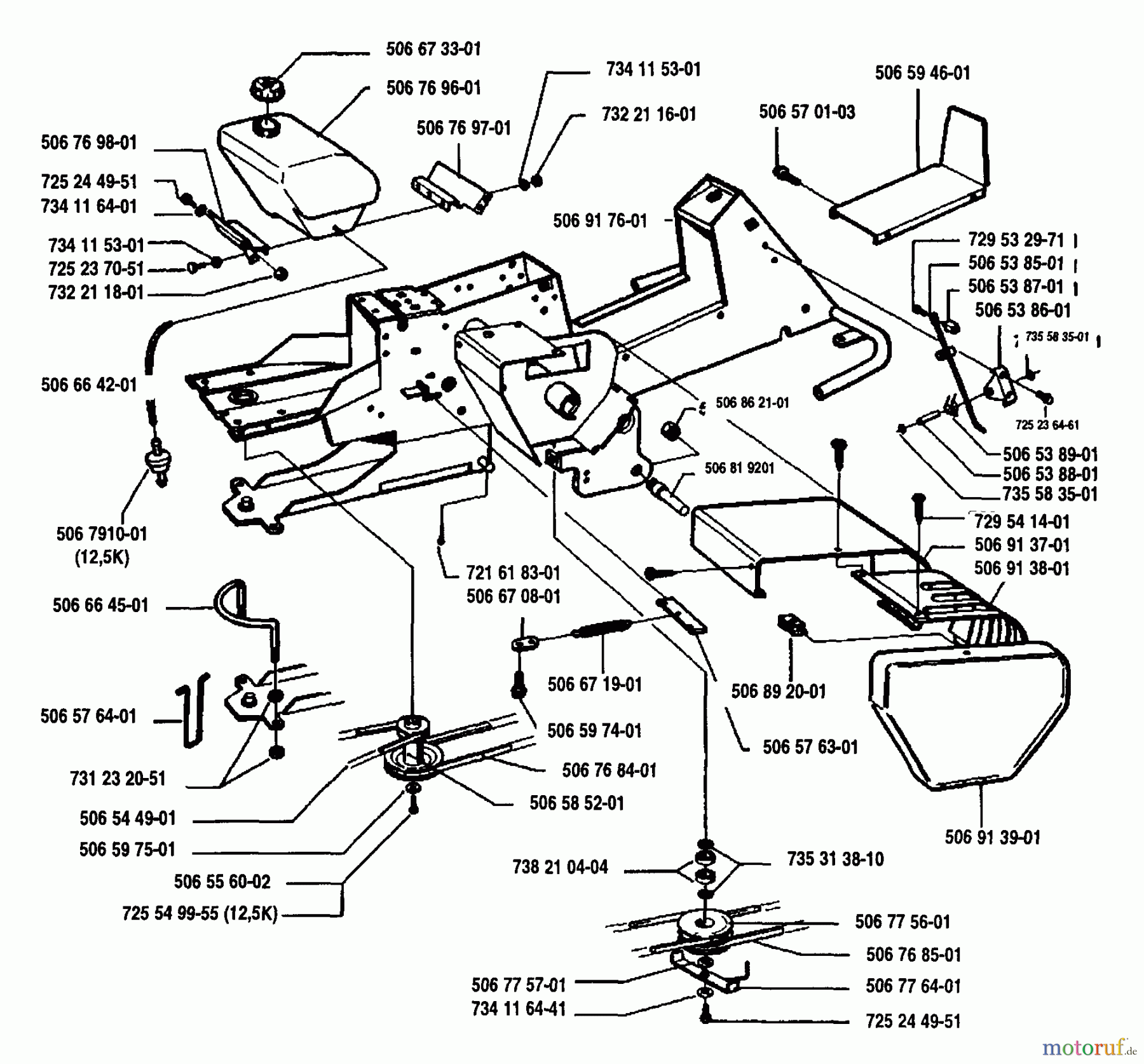Husqvarna Reitermäher, Motor hinten Rider 970 12 - Husqvarna Swedish Rider (1993-05 to 1994-02) Pulley, Tank And Cover Assembly