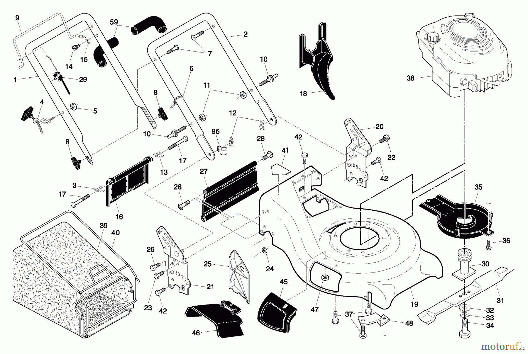 Husqvarna Rasenmäher 6521 RS (961450005-00) - Husqvarna Walk-Behind Mower (2007-03 to 2007-08) Handle And Deck Assembly
