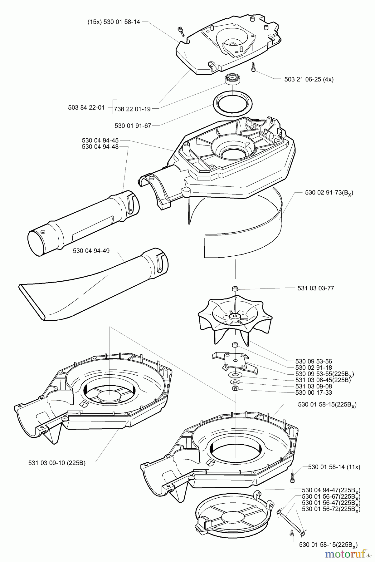 Husqvarna Bläser / Sauger / Häcksler / Mulchgeräte 225 B - Husqvarna Handheld Blower (2001-06 to 2006-08) Housing / Impeller / Tubes