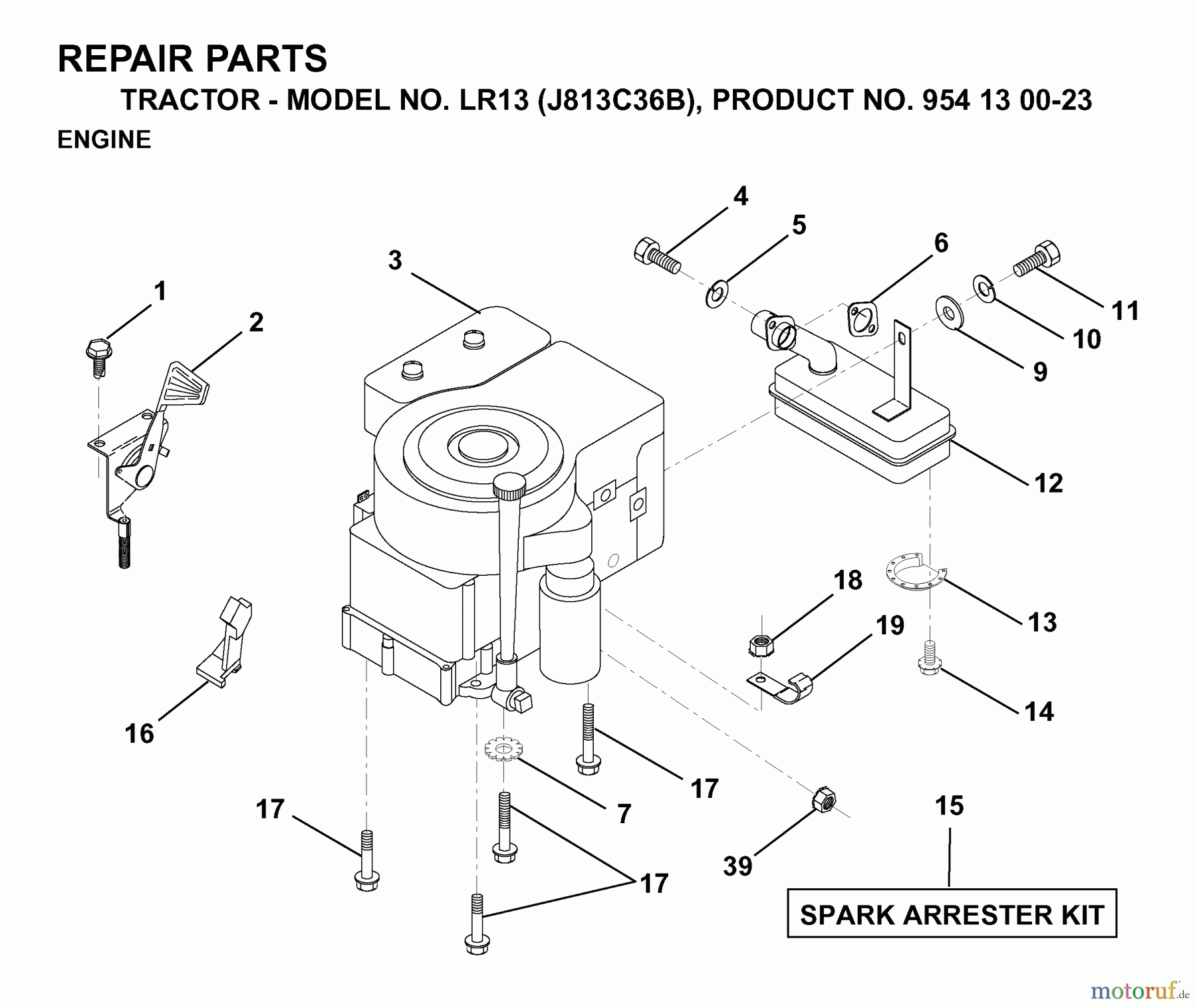 Jonsered Rasen und Garten Traktoren LR13 (J813C36B, 954130023) - Jonsered Lawn & Garden Tractor (1998-12) ENGINE CUTTING EQUIPMENT