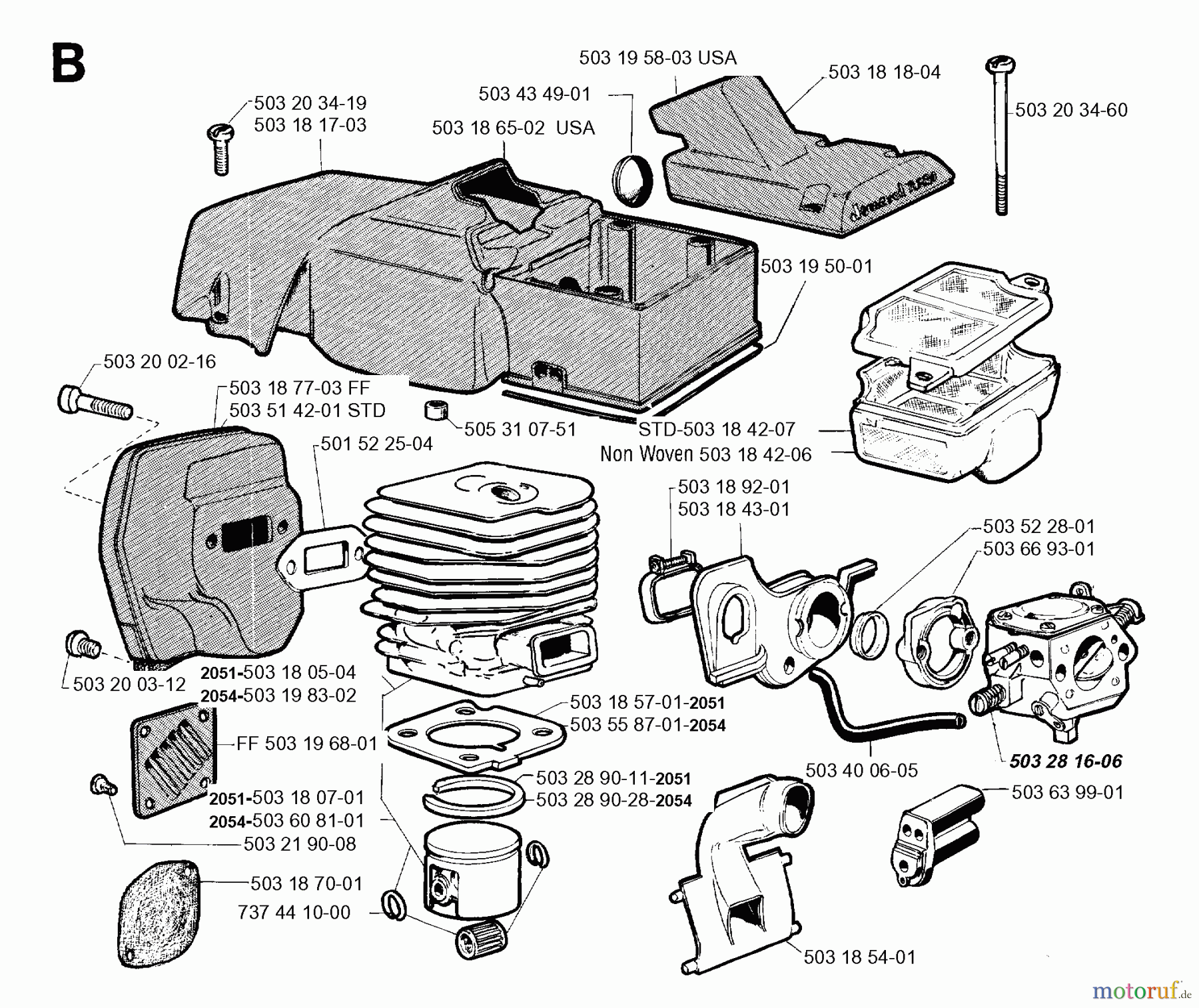 Jonsered Motorsägen 2054 - Jonsered Chainsaw (1993-05) CYLINDER PISTON MUFFLER