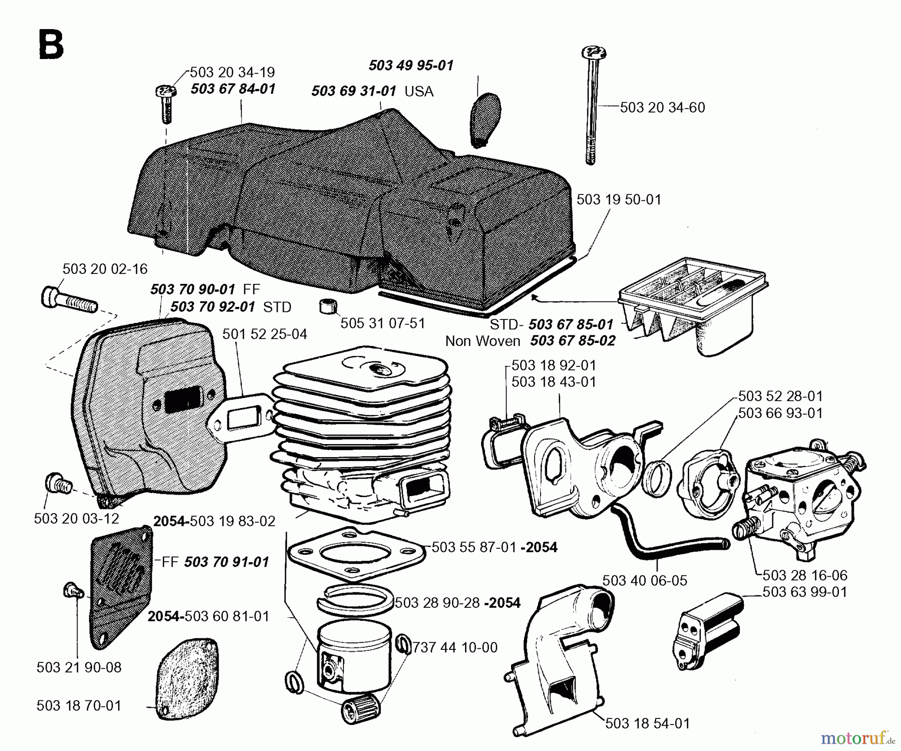  Jonsered Motorsägen 2054 - Jonsered Chainsaw (1993-08) CYLINDER PISTON MUFFLER