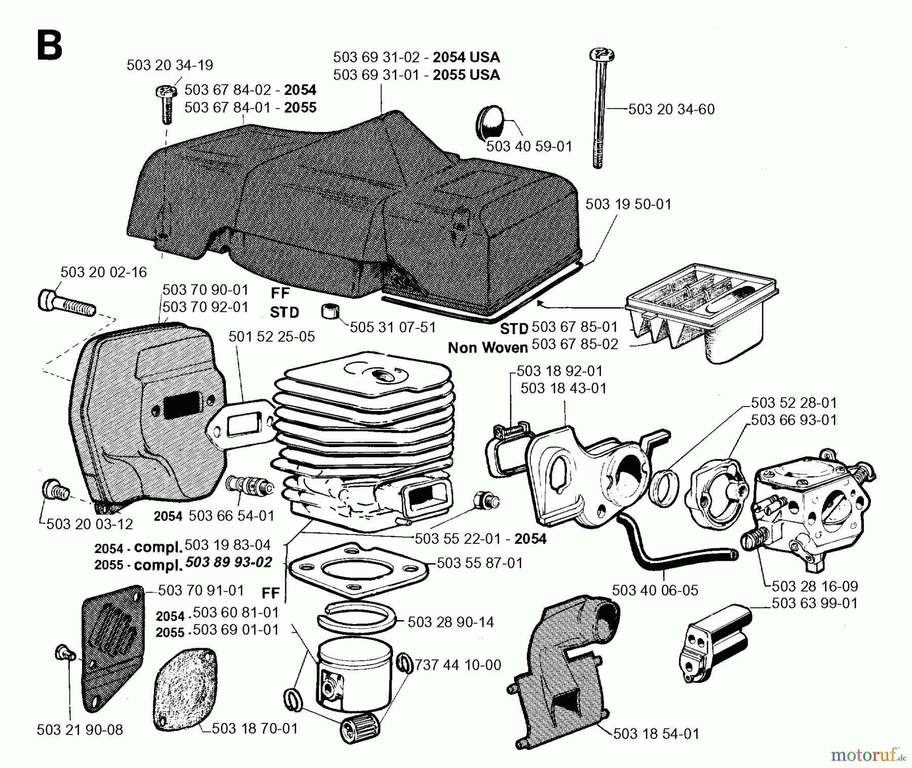  Jonsered Motorsägen 2055 - Jonsered Chainsaw (1996-09) CYLINDER PISTON MUFFLER