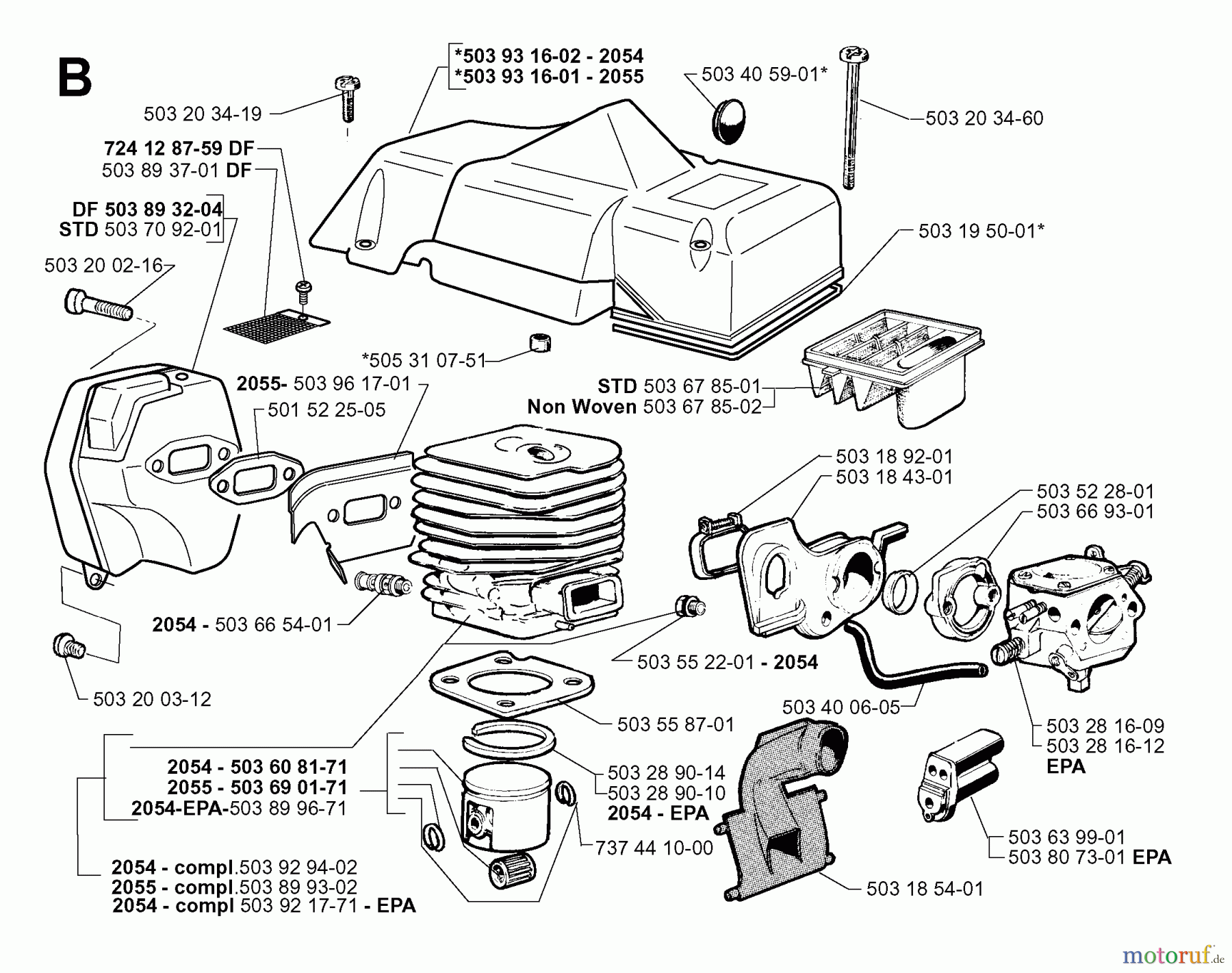 Jonsered Motorsägen 2054 EPA - Jonsered Chainsaw (2000-05) CYLINDER PISTON MUFFLER