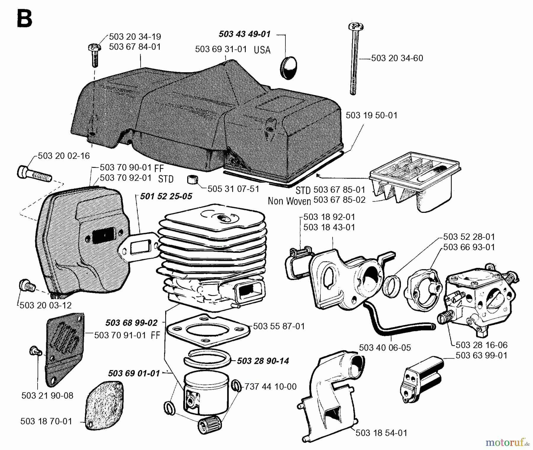  Jonsered Motorsägen 2055 - Jonsered Chainsaw (1994-05) CYLINDER PISTON MUFFLER
