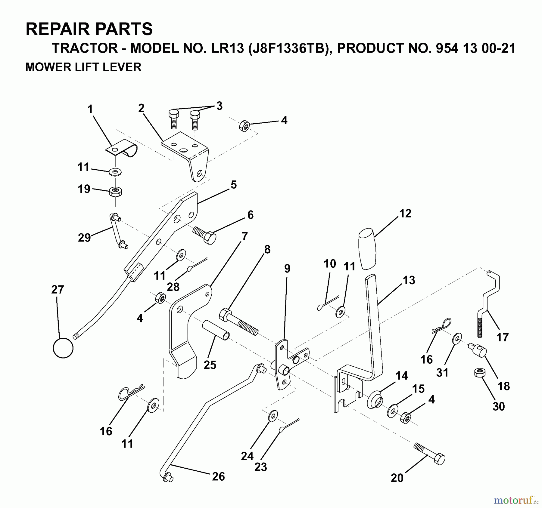 Jonsered Rasen und Garten Traktoren LR13 (J8F1336TB, 954130021) - Jonsered Lawn & Garden Tractor (1998-12) MOWER LIFT LEVER