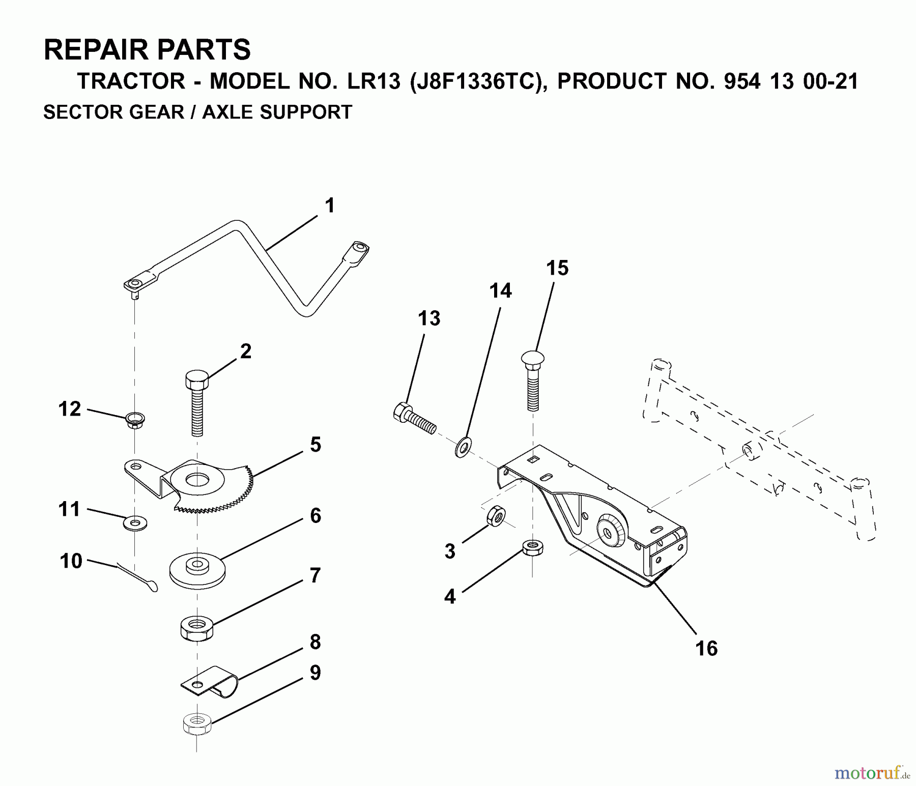 Jonsered Rasen und Garten Traktoren LR13 (J8F1336TC, 954130021) - Jonsered Lawn & Garden Tractor (2000-02) SECTOR GEAR / AXLE SUPPORT