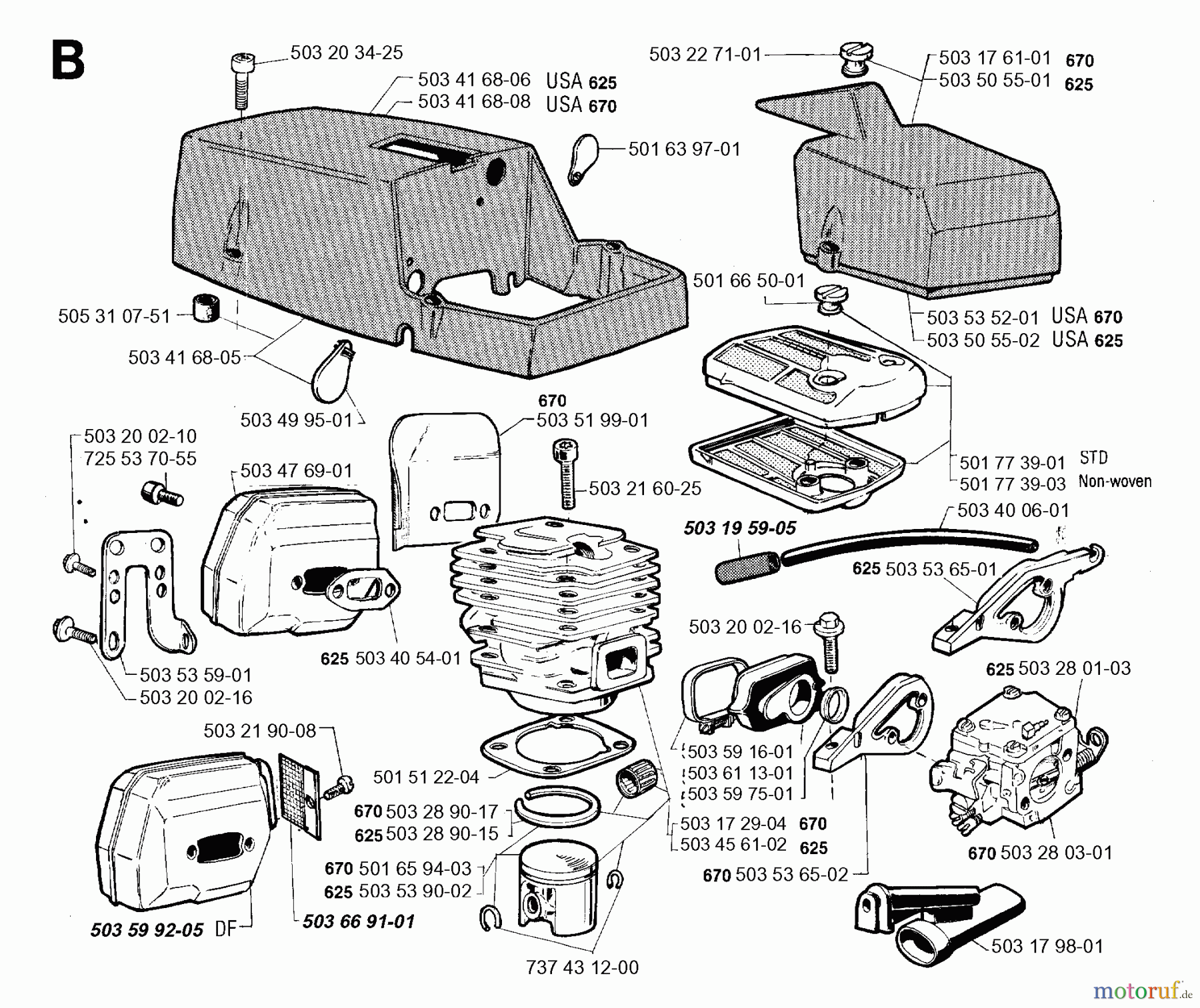 Jonsered Motorsägen 670 SUPER II - Jonsered Chainsaw (1993-06) CYLINDER PISTON MUFFLER