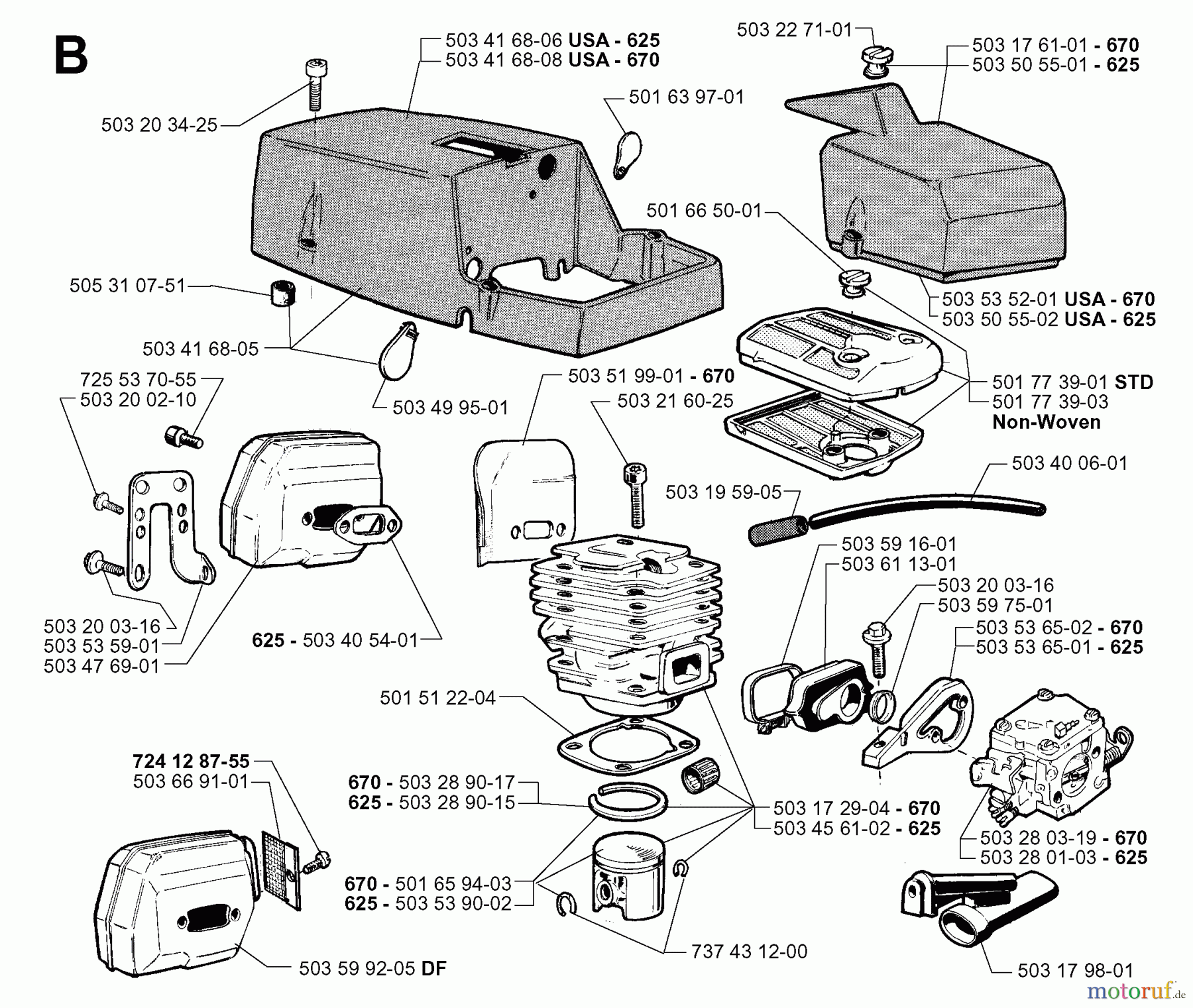 Jonsered Motorsägen 625 - Jonsered Chainsaw (1999-02) CYLINDER PISTON MUFFLER