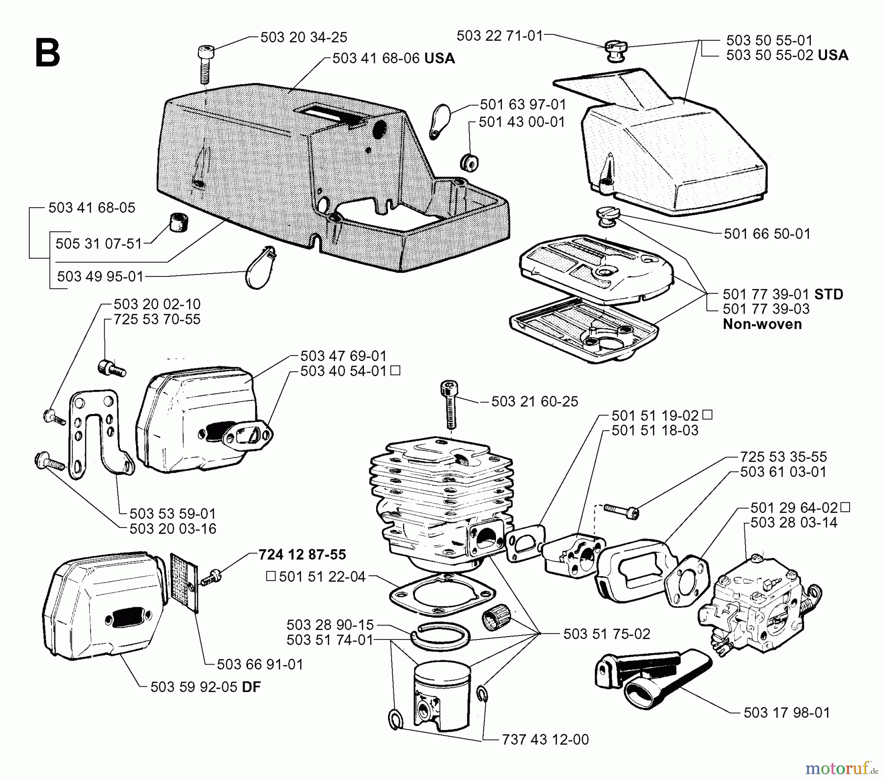 Jonsered Motorsägen 630 SUPER II - Jonsered Chainsaw (1999-02) CYLINDER PISTON MUFFLER