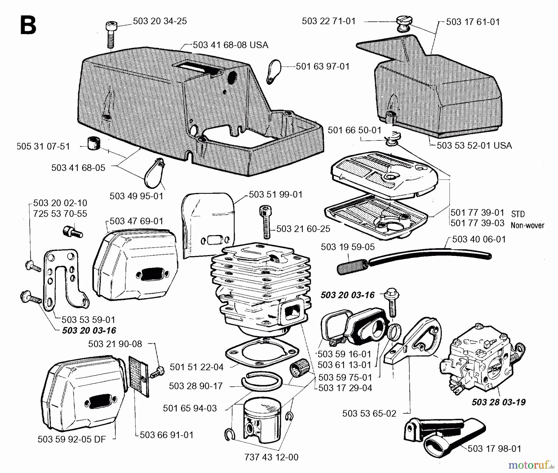  Jonsered Motorsägen 670 CHAMP - Jonsered Chainsaw (1994-08) CYLINDER PISTON MUFFLER