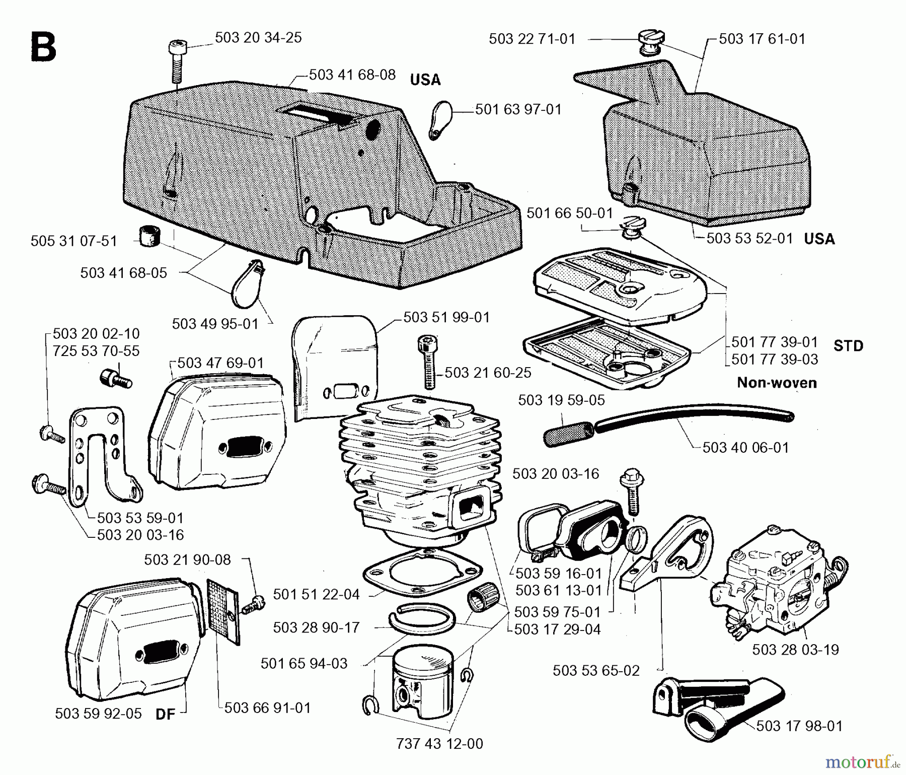 Jonsered Motorsägen 670 CHAMP - Jonsered Chainsaw (1996-09) CYLINDER PISTON MUFFLER