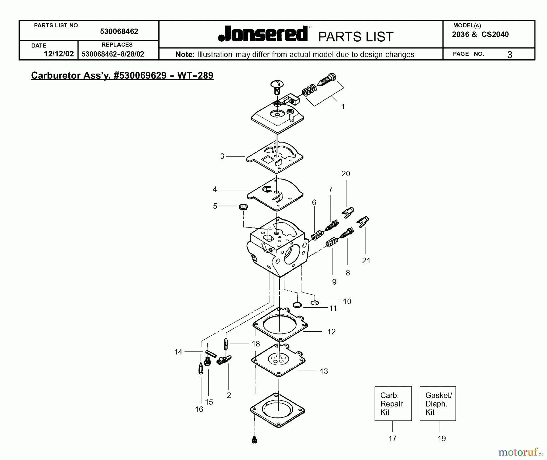 Jonsered Motorsägen CS2040 - Jonsered Chainsaw (2003-01) CARBURETOR DETAILS