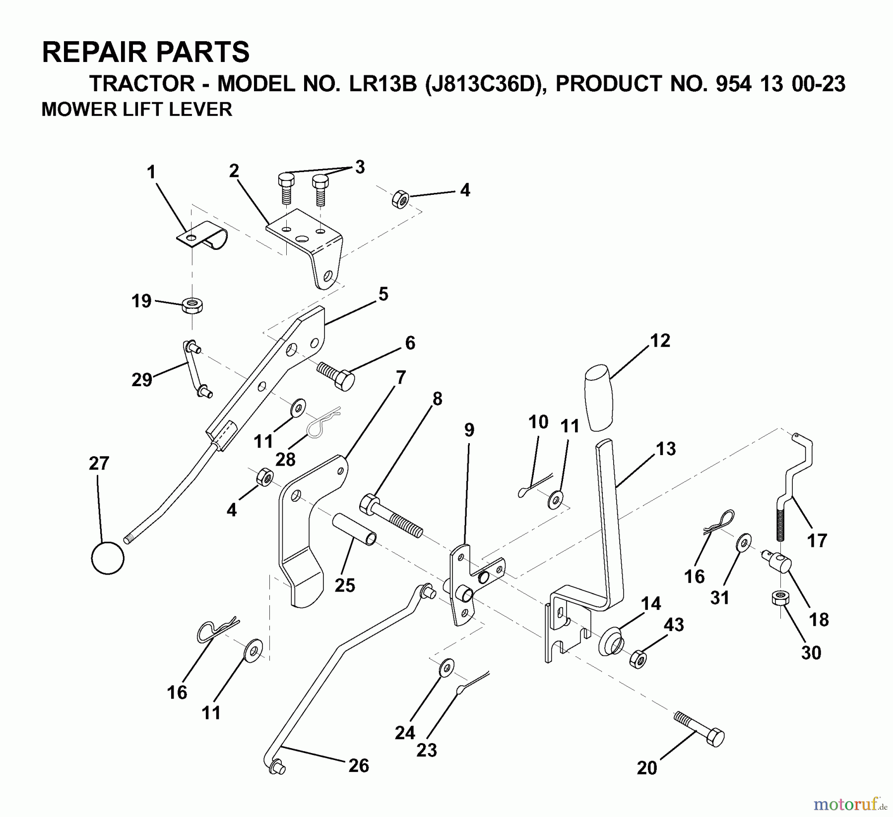 Jonsered Rasen und Garten Traktoren LR13B (J813C36D, 954130023) - Jonsered Lawn & Garden Tractor (2000-04) MOWER LIFT LEVER