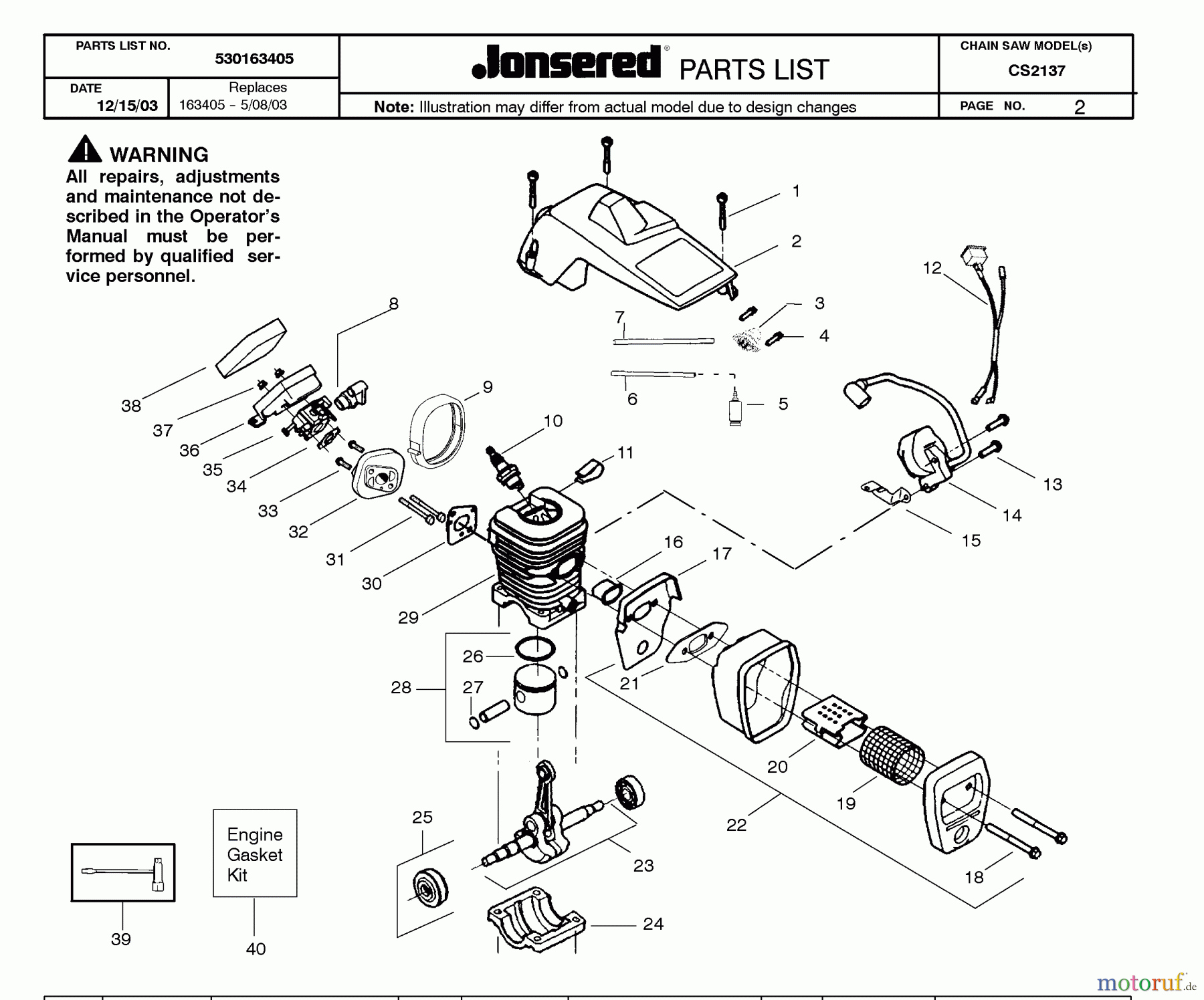 Jonsered Motorsägen CS2137 - Jonsered Chainsaw (2004-01) CYLINDER PISTON MUFFLER