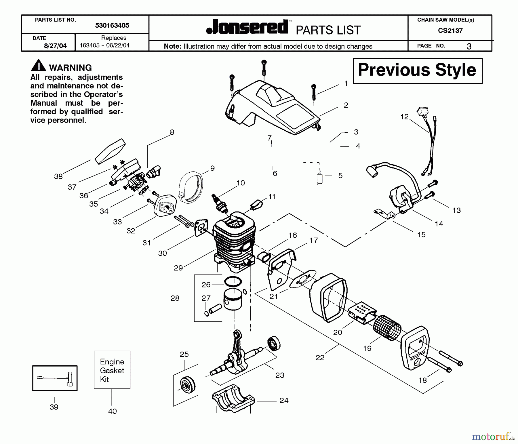 Jonsered Motorsägen CS2137 - Jonsered Chainsaw (2005-01) CYLINDER PISTON MUFFLER #1