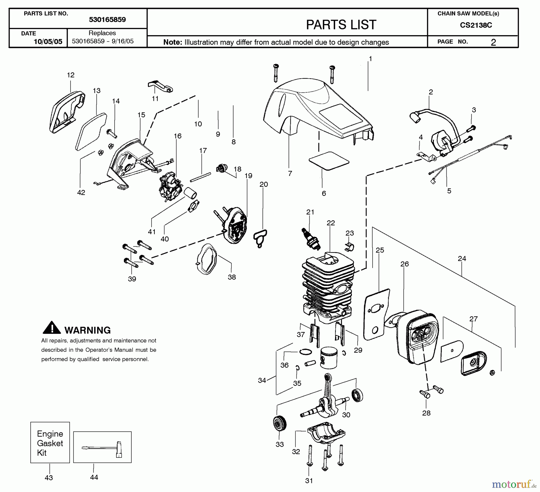  Jonsered Motorsägen CS2138 C - Jonsered Chainsaw (2006-01) CYLINDER PISTON MUFFLER