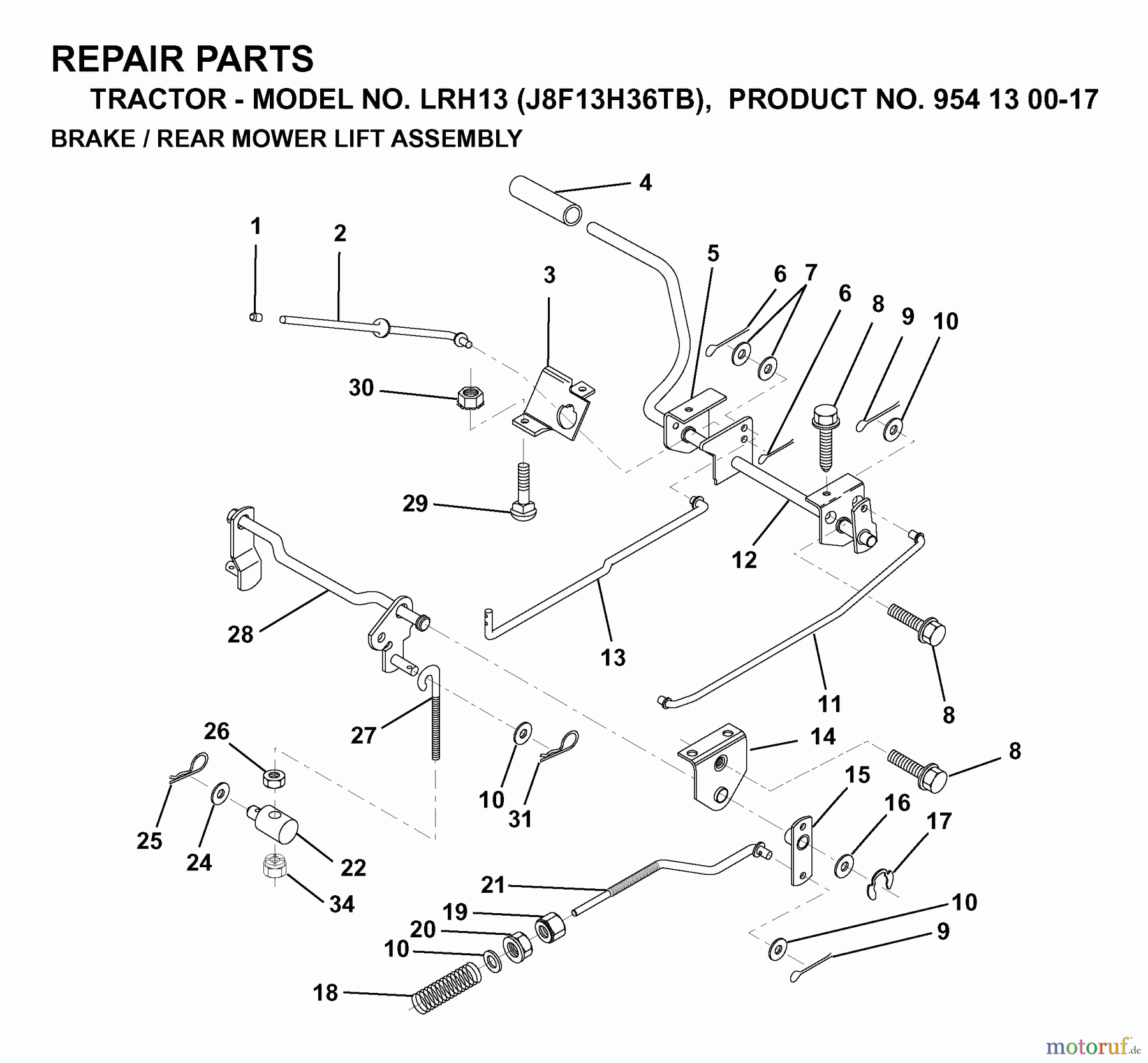 Jonsered Rasen und Garten Traktoren LRH13 (J8F13H36TB, 954130017) - Jonsered Lawn & Garden Tractor (1998-12) BRAKE / REAR MOWER LIFT
