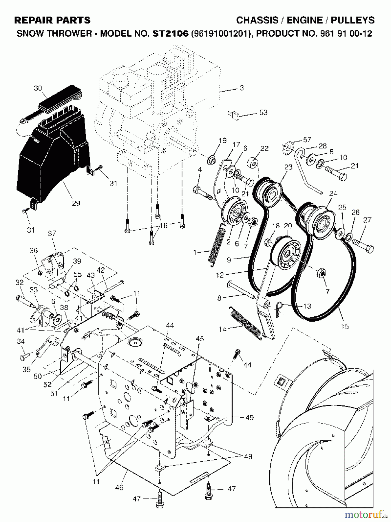  Jonsered Schneefräsen ST 2106 (961910012, 96191001201) - Jonsered Snow Thrower (2007-01) CHASSIS ENGINE PULLEYS