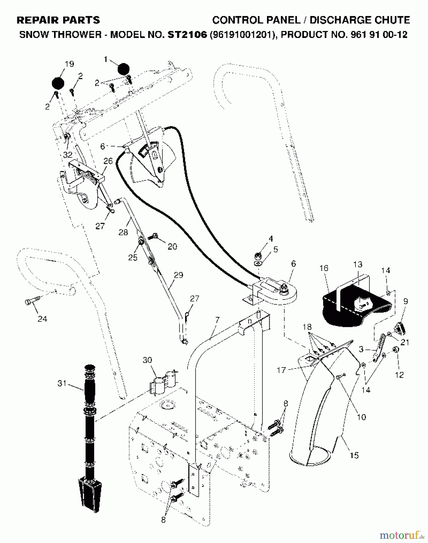 Jonsered Schneefräsen ST 2106 (961910012, 96191001201) - Jonsered Snow Thrower (2007-01) CONTROL PANEL DISCHARGE CHUTE