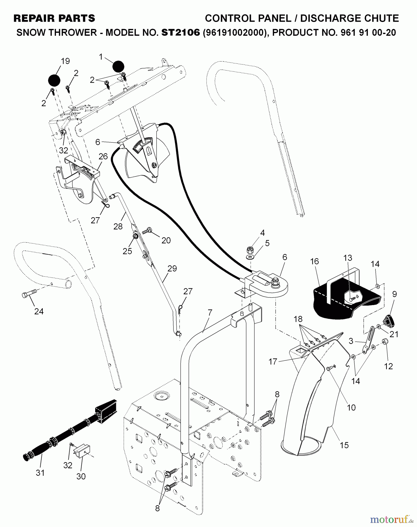 Jonsered Schneefräsen ST 2106 (96191002000) - Jonsered Snow Thrower (2007-07) CONTROL PANEL DISCHARGE CHUTE