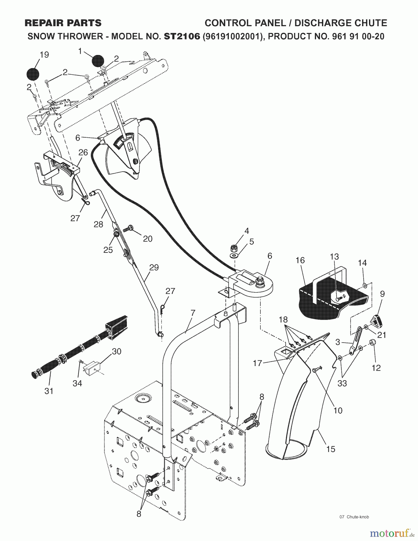 Jonsered Schneefräsen ST 2106 (96191002001) - Jonsered Snow Thrower (2007-10) CONTROL PANEL DISCHARGE CHUTE