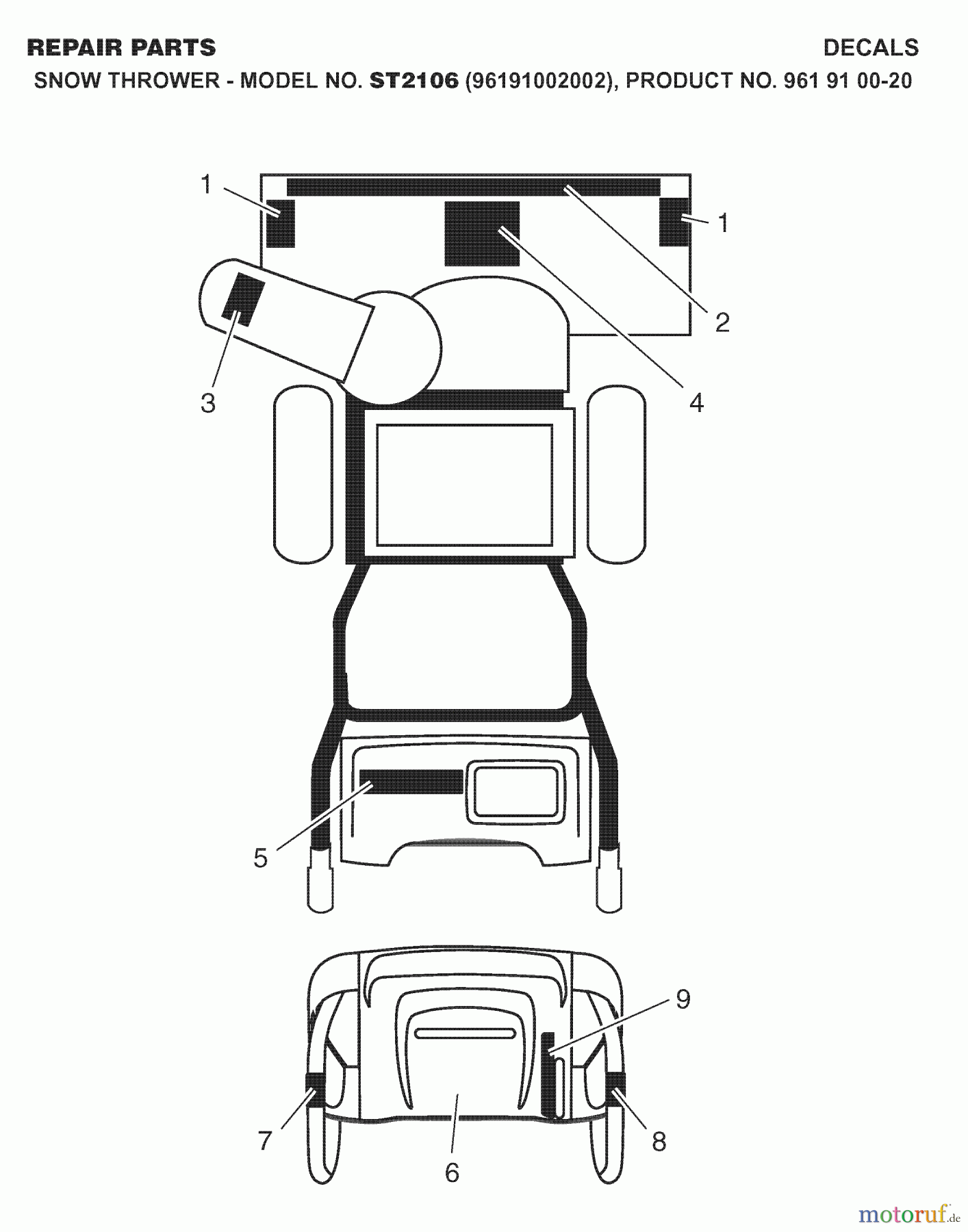 Jonsered Schneefräsen ST 2106 (96191002002) - Jonsered Snow Thrower (2007-10) DECALS