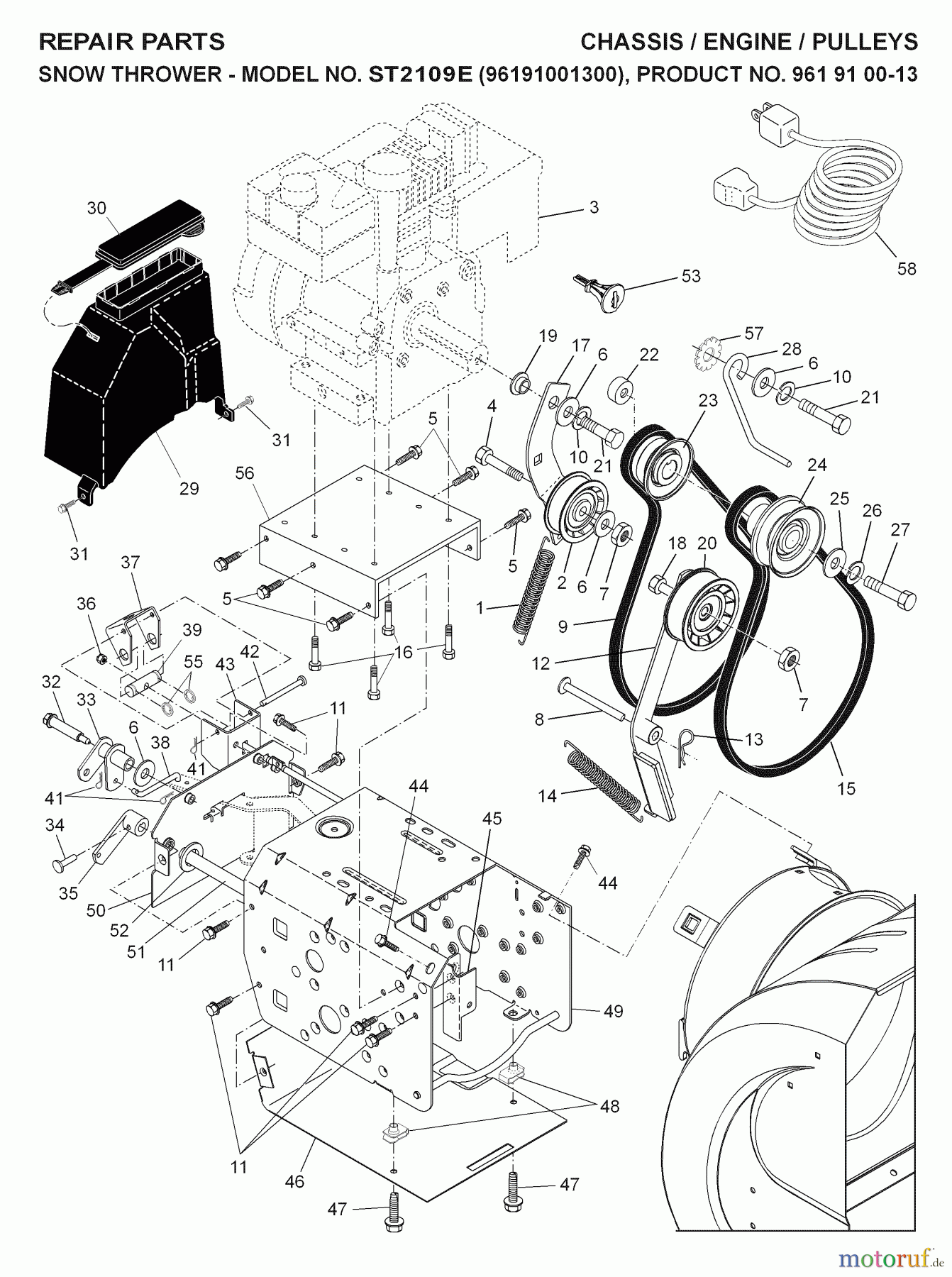 Jonsered Schneefräsen ST 2109 E (96191001300) - Jonsered Snow Thrower (2007-01) CHASSIS ENGINE PULLEYS