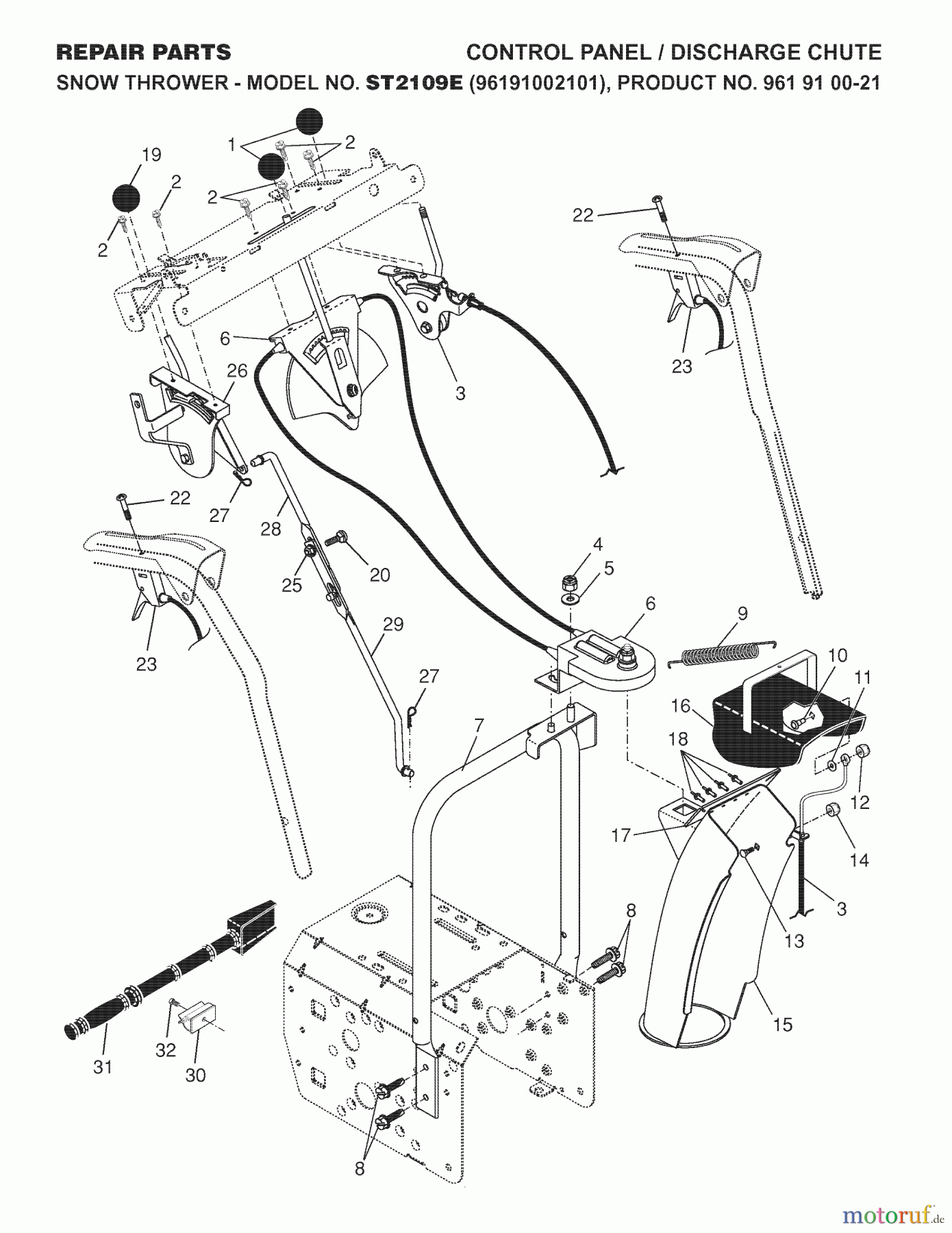 Jonsered Schneefräsen ST 2109 E (96191002101) - Jonsered Snow Thrower (2007-10) CONTROL PANEL DISCHARGE CHUTE