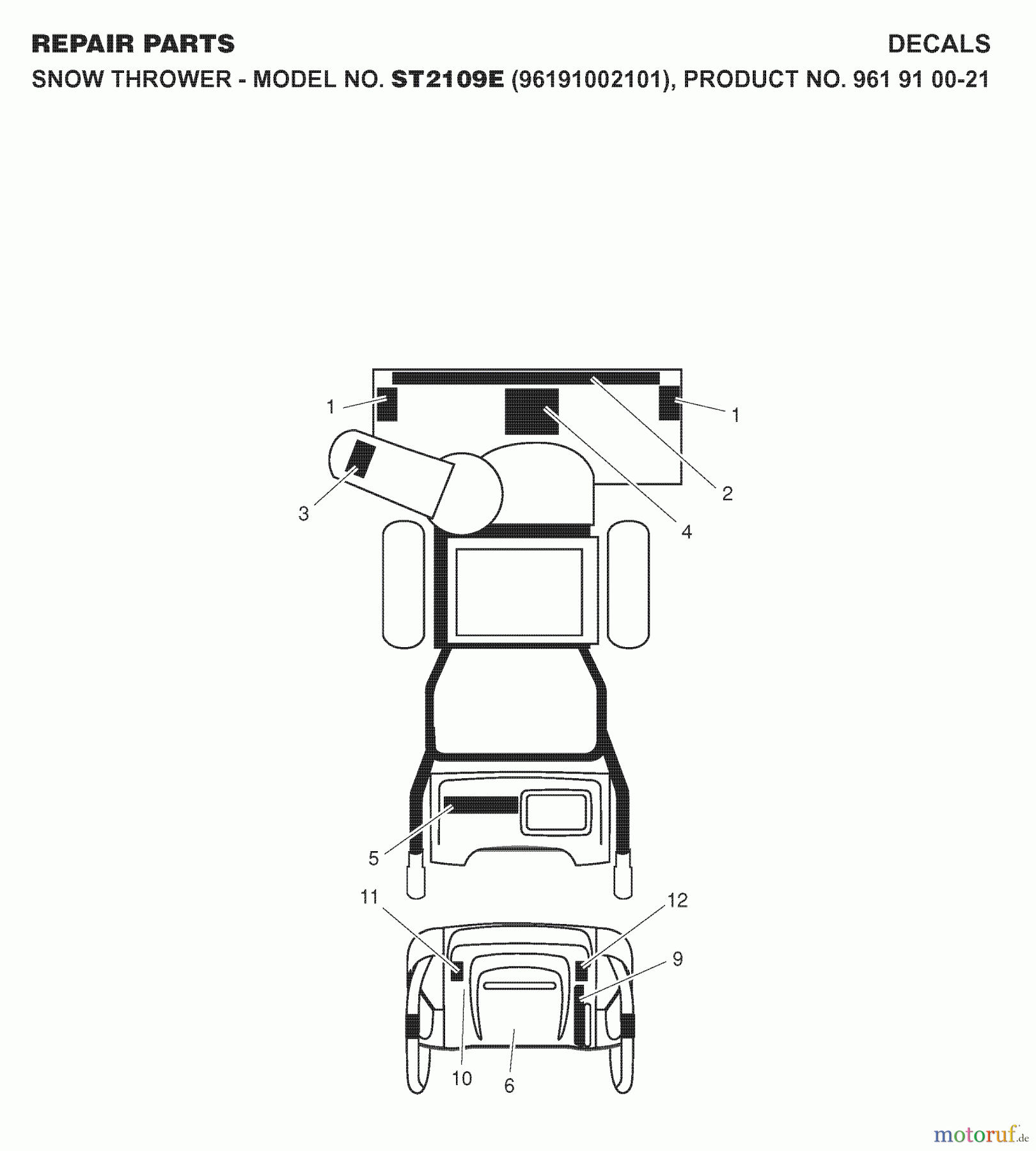 Jonsered Schneefräsen ST 2109 E (96191002101) - Jonsered Snow Thrower (2007-10) DECALS