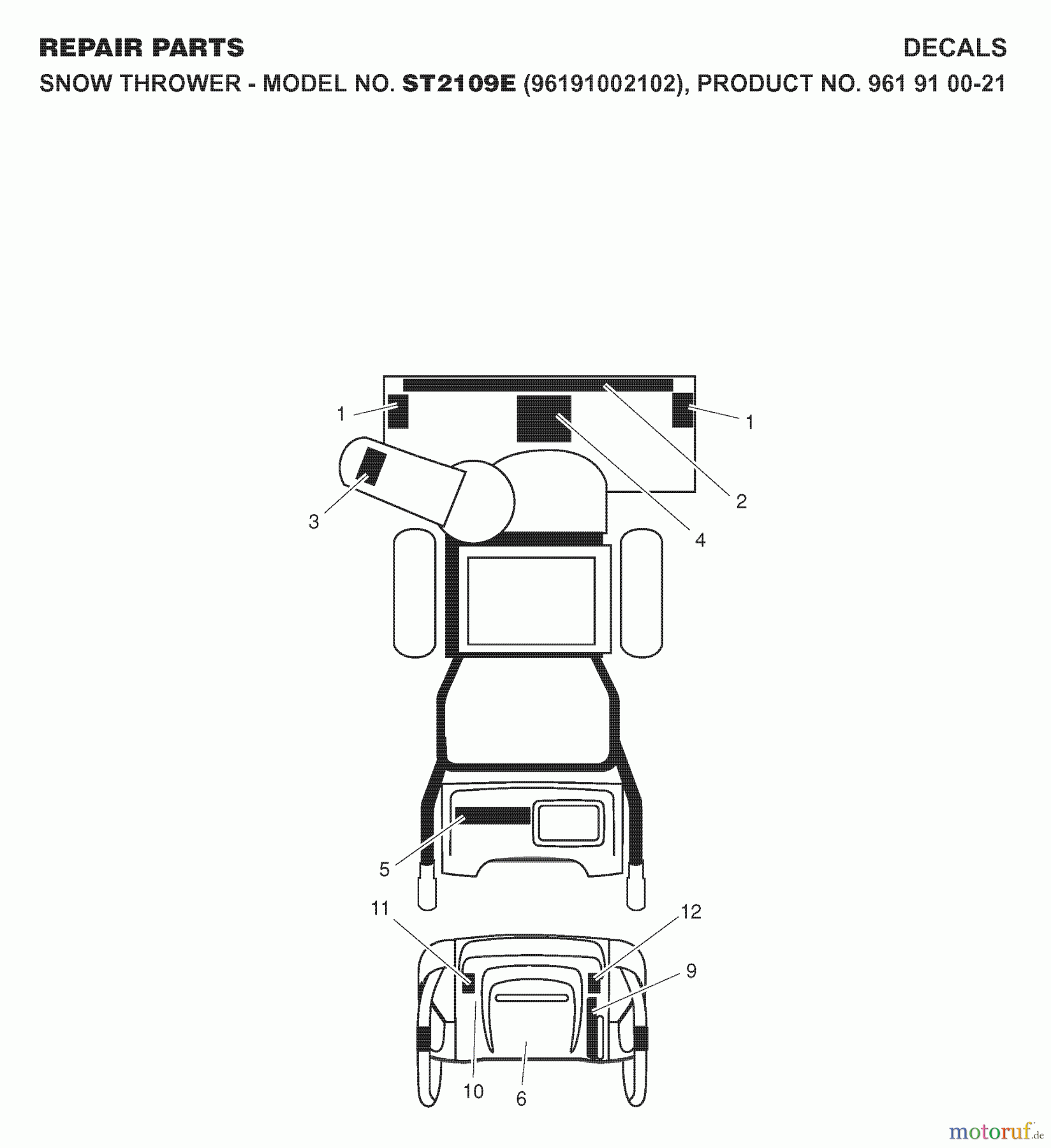 Jonsered Schneefräsen ST 2109 E (96191002102) - Jonsered Snow Thrower (2007-10) DECALS