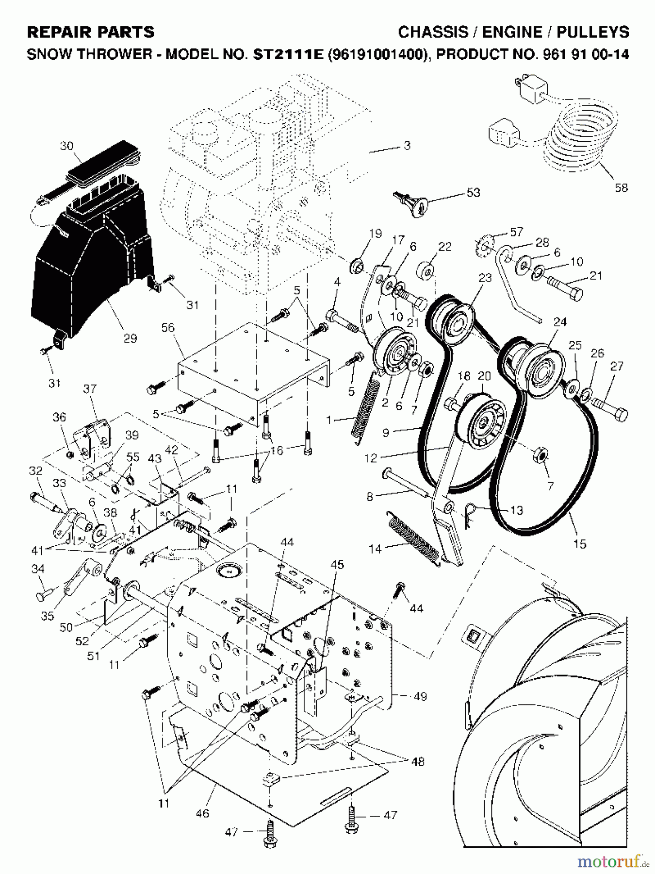 Jonsered Schneefräsen ST 2111 E (96191001400) - Jonsered Snow Thrower (2007-01) CHASSIS ENGINE PULLEYS
