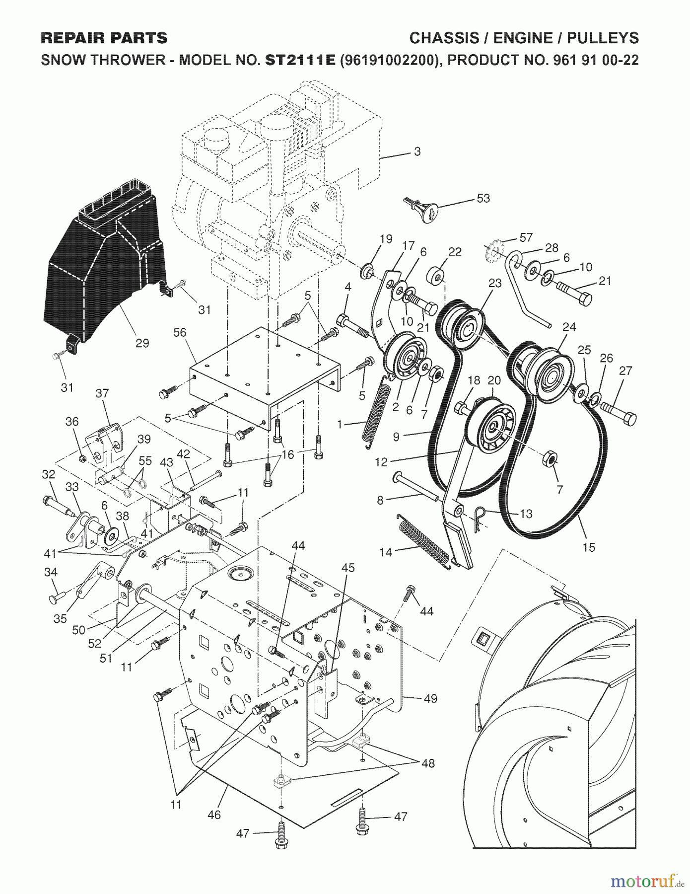 Jonsered Schneefräsen ST 2111 E (96191002200) - Jonsered Snow Thrower (2007-07) CHASSIS ENGINE PULLEYS