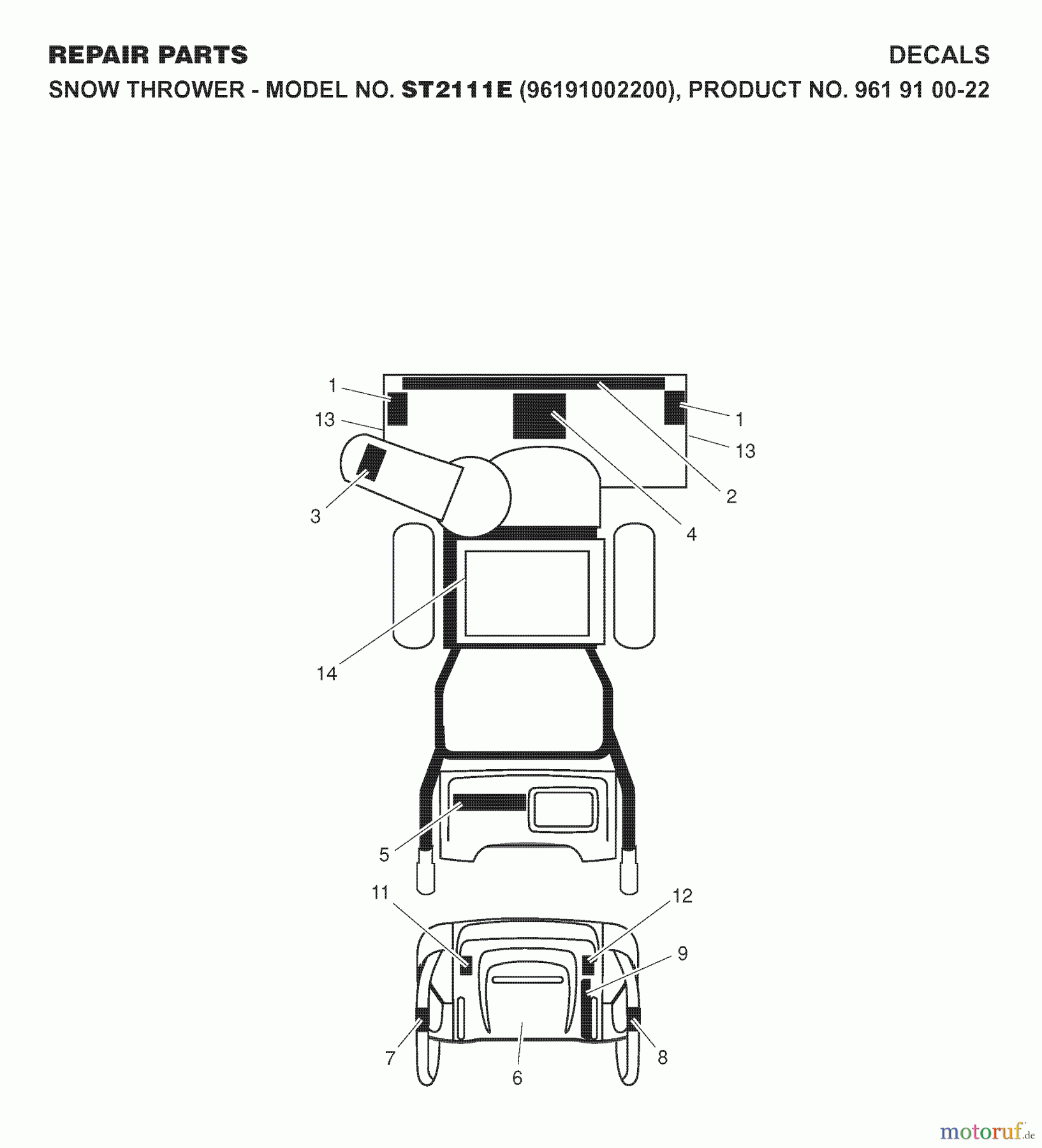 Jonsered Schneefräsen ST 2111 E (96191002200) - Jonsered Snow Thrower (2007-07) DECALS