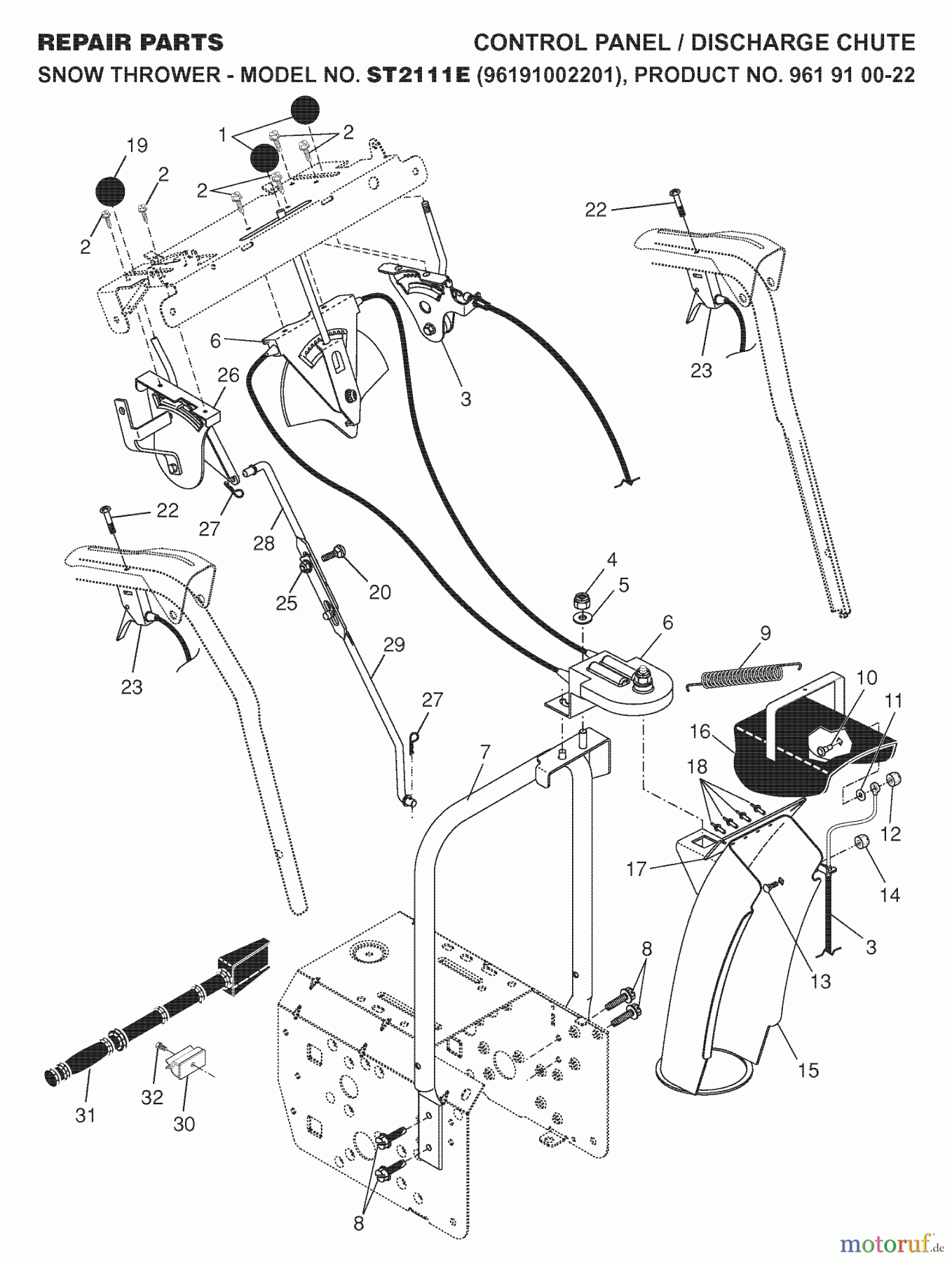 Jonsered Schneefräsen ST 2111 E (96191002201) - Jonsered Snow Thrower (2007-10) CONTROL PANEL DISCHARGE CHUTE