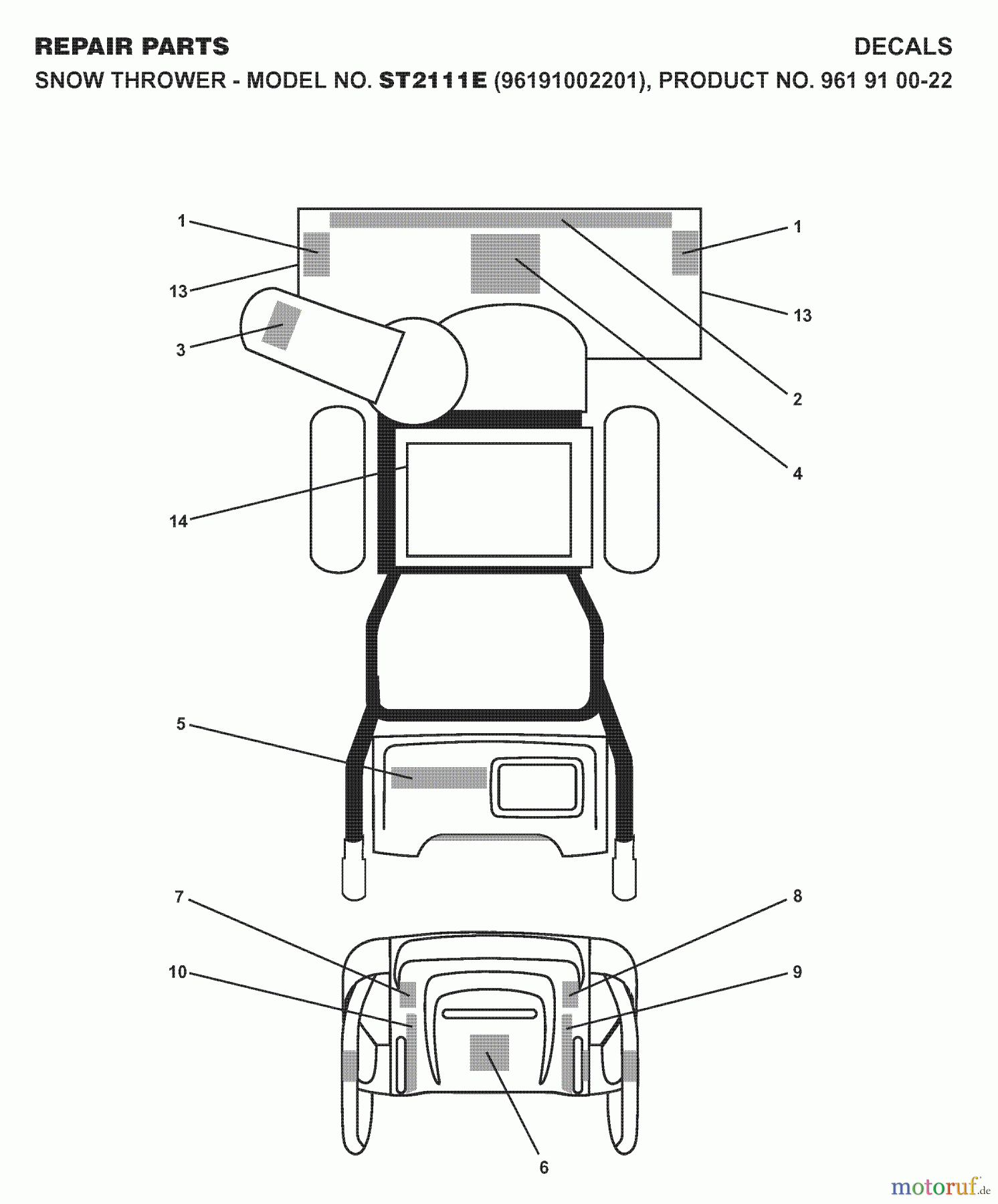 Jonsered Schneefräsen ST 2111 E (96191002201) - Jonsered Snow Thrower (2007-10) DECALS