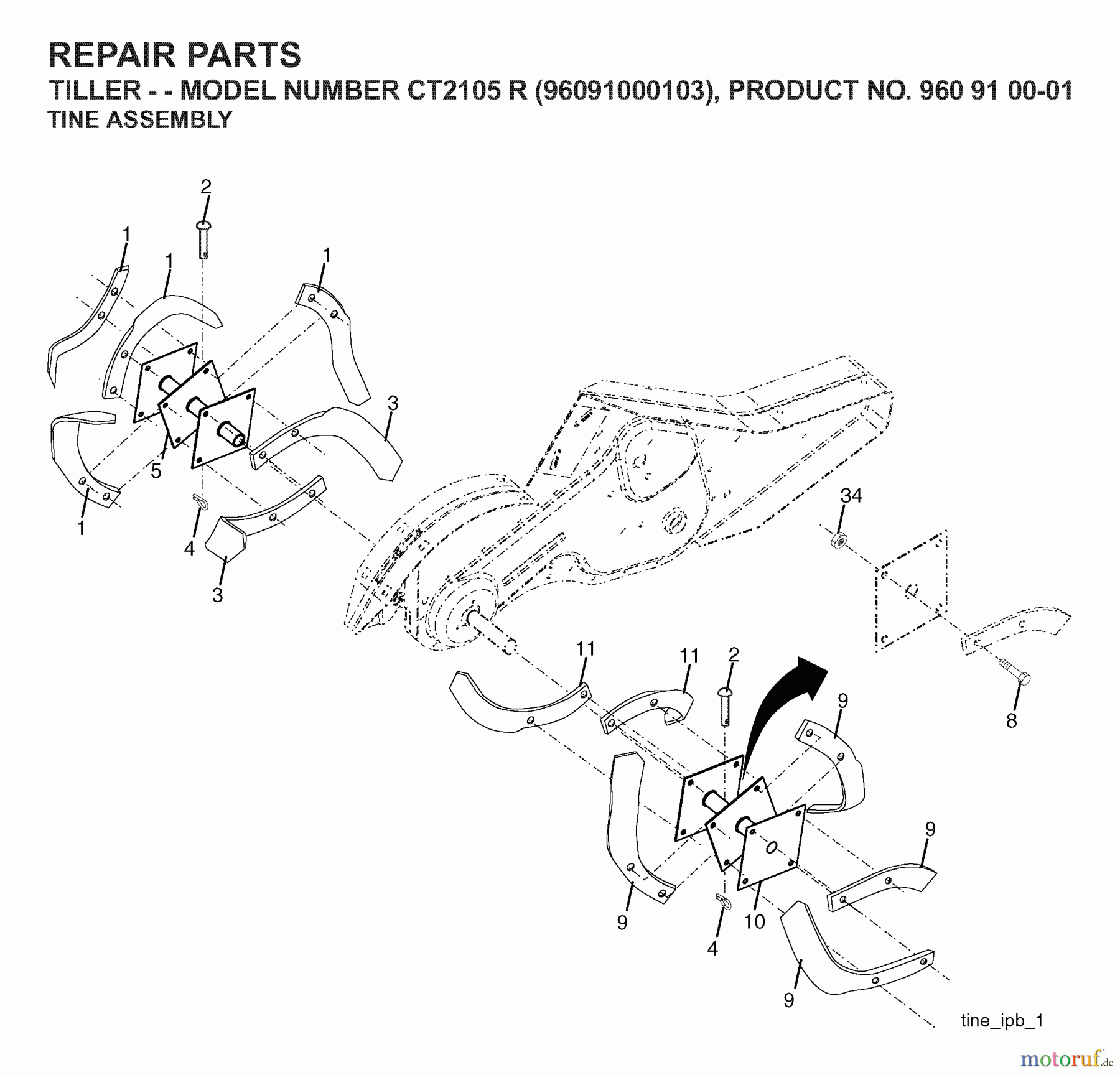  Jonsered Motorhacken / Kultivierer CT2105R (96091000103) - Jonsered Cultivator (2007-02) TINE ASSEMBLY