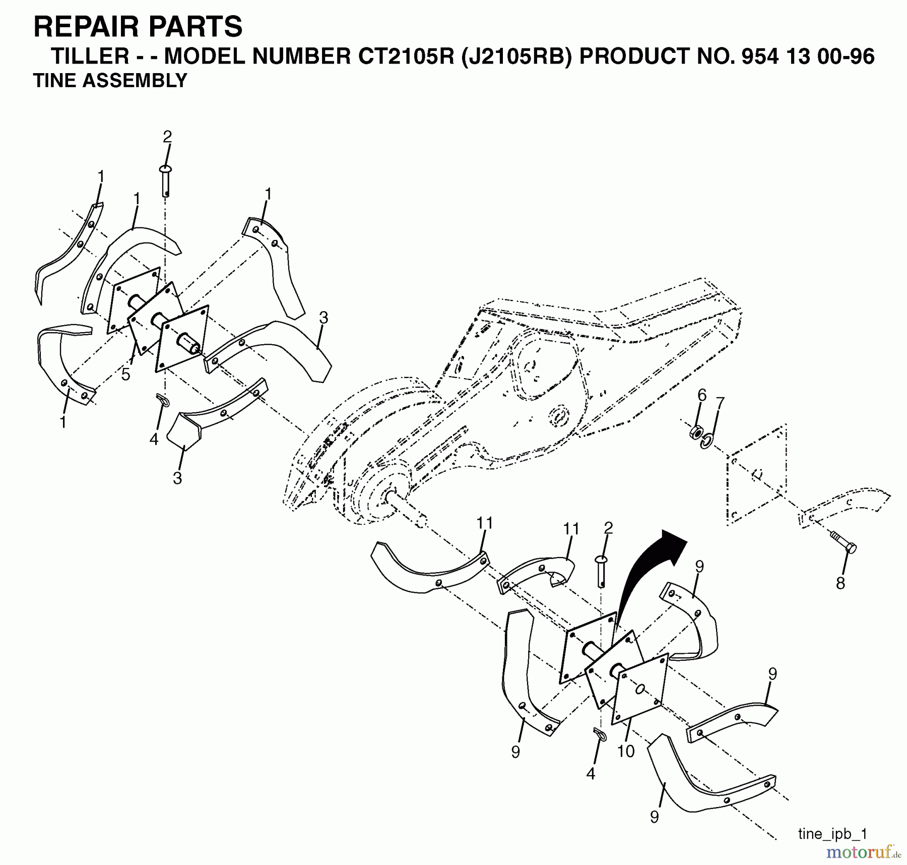 Jonsered Motorhacken / Kultivierer CT2105R (J2105RB, 954130096) - Jonsered Cultivator (2004-01) TINE ASSEMBLY