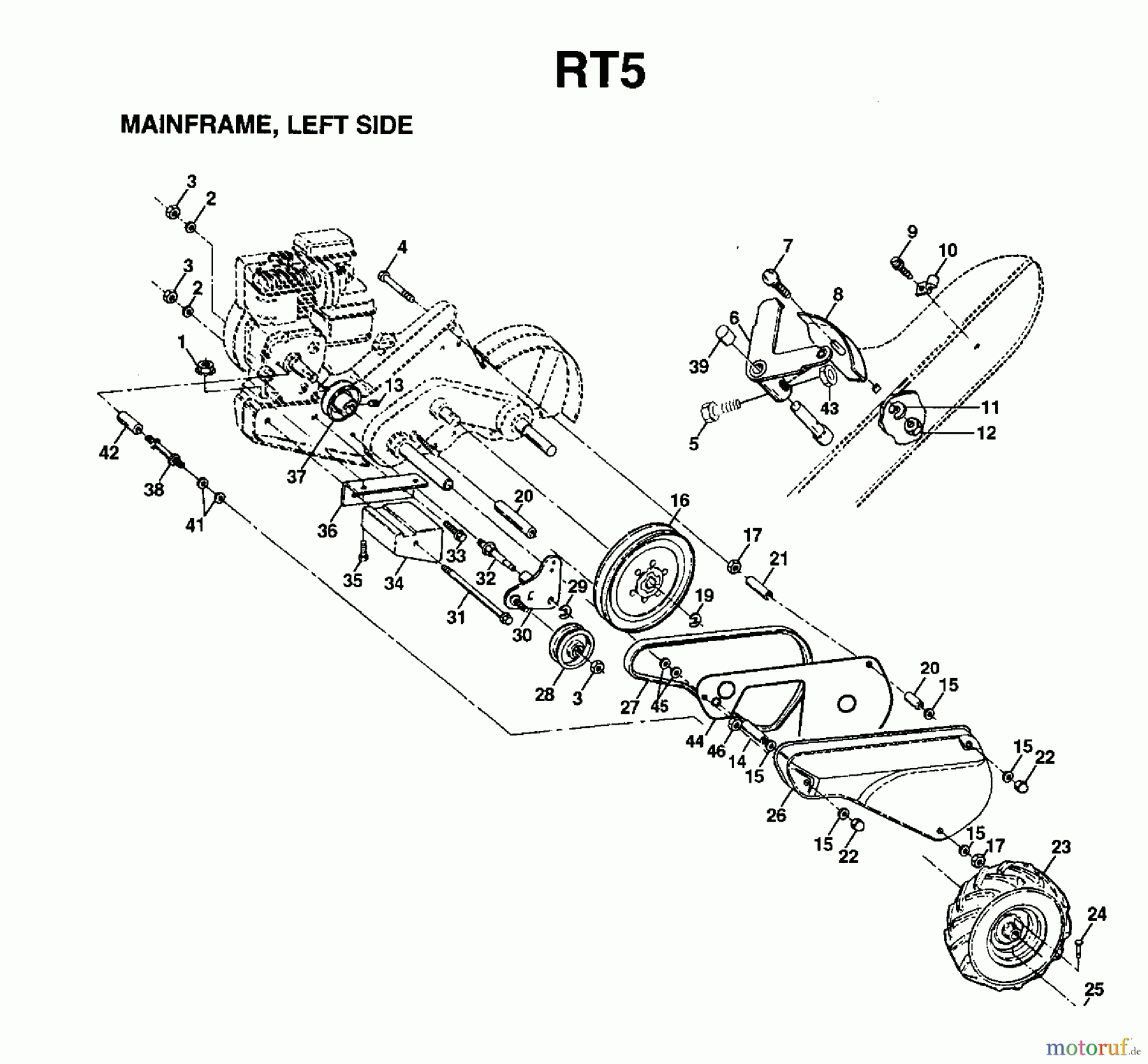 Jonsered Motorhacken / Kultivierer FT5 (954003311) - Jonsered Front-Tine Tiller (1997-01) MAINFRAME LEFT SIDE