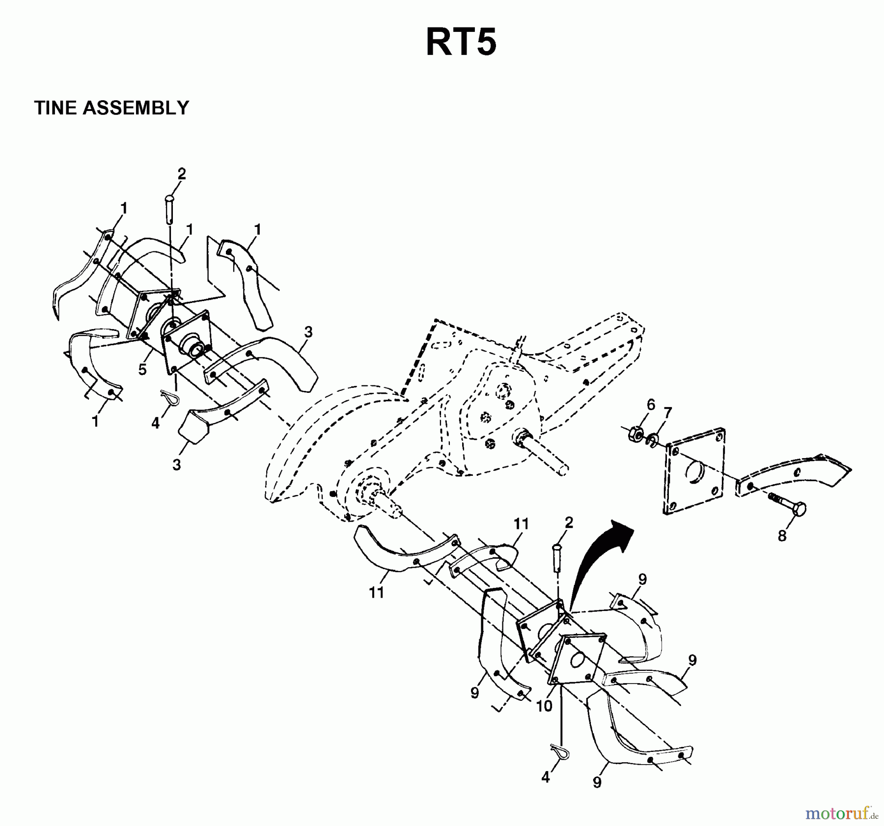 Jonsered Motorhacken / Kultivierer FT5 - Jonsered Front-Tine Tiller (1998-04) TINE ASSEMBLY