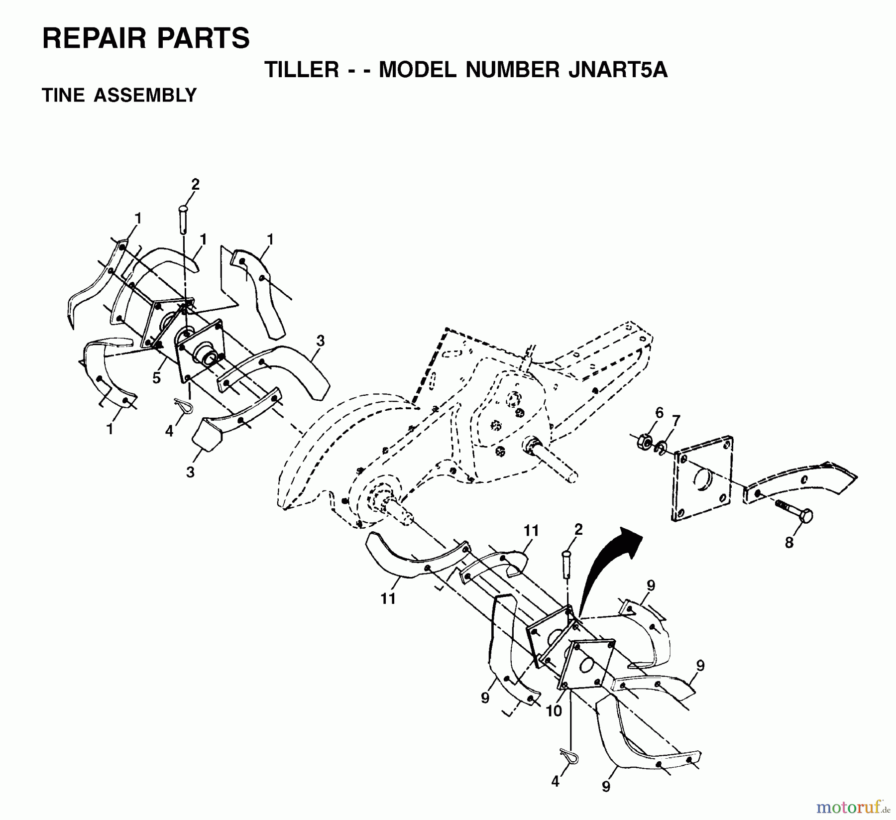  Jonsered Motorhacken / Kultivierer RT5 (JNART5A) - Jonsered Rear-Tine Tiller (2003-01) TINE ASSEMBLY