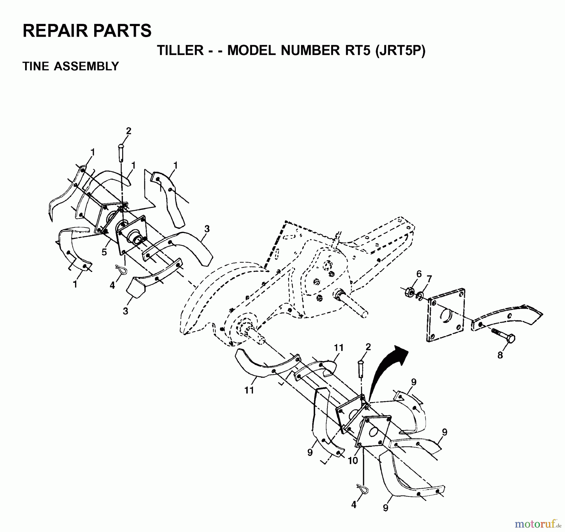 Jonsered Motorhacken / Kultivierer RT5 (JRT5P) - Jonsered Rear-Tine Tiller (2000-02) TINE ASSEMBLY