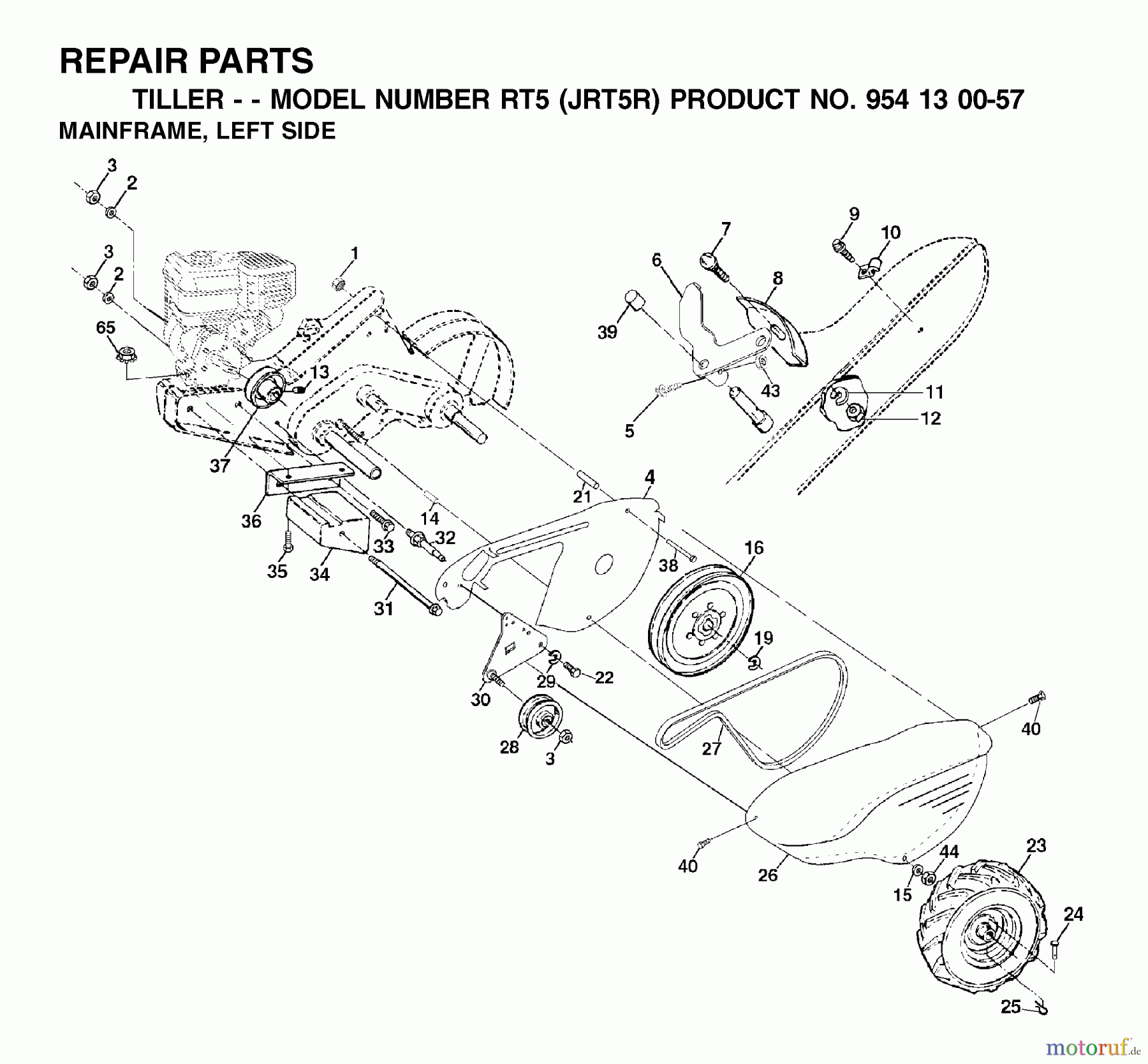 Jonsered Motorhacken / Kultivierer RT5 (JRT5R, 954130057) - Jonsered Rear-Tine Tiller (2002-02) MAINFRAME LEFT SIDE