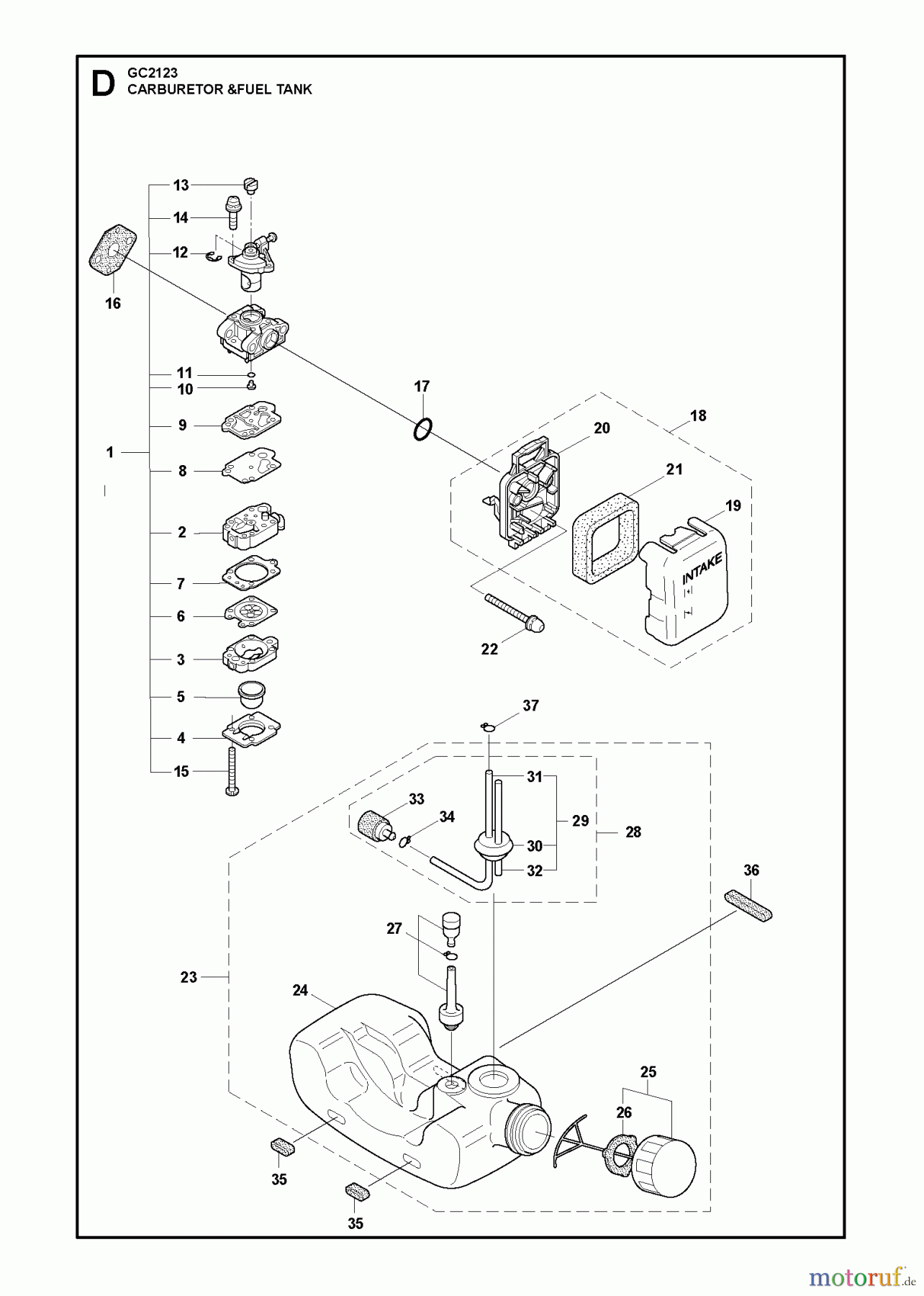 Jonsered Motorsensen, Trimmer GC2123 - Jonsered String/Brush Trimmer (2010-03) CARBURETOR