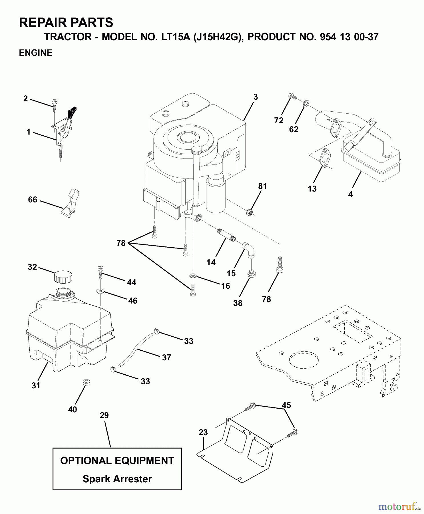 Jonsered Rasen und Garten Traktoren LT15A (J15H42G, 954130037) - Jonsered Lawn & Garden Tractor (2000-04) ENGINE CUTTING EQUIPMENT