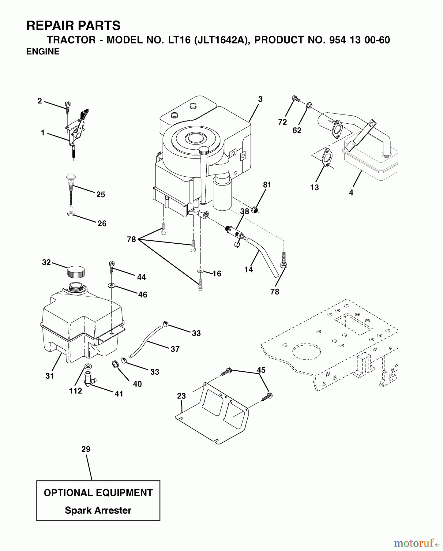  Jonsered Rasen  und Garten Traktoren LT16 (JLT1642A, 954130060) - Jonsered Lawn & Garden Tractor (2002-06) ENGINE