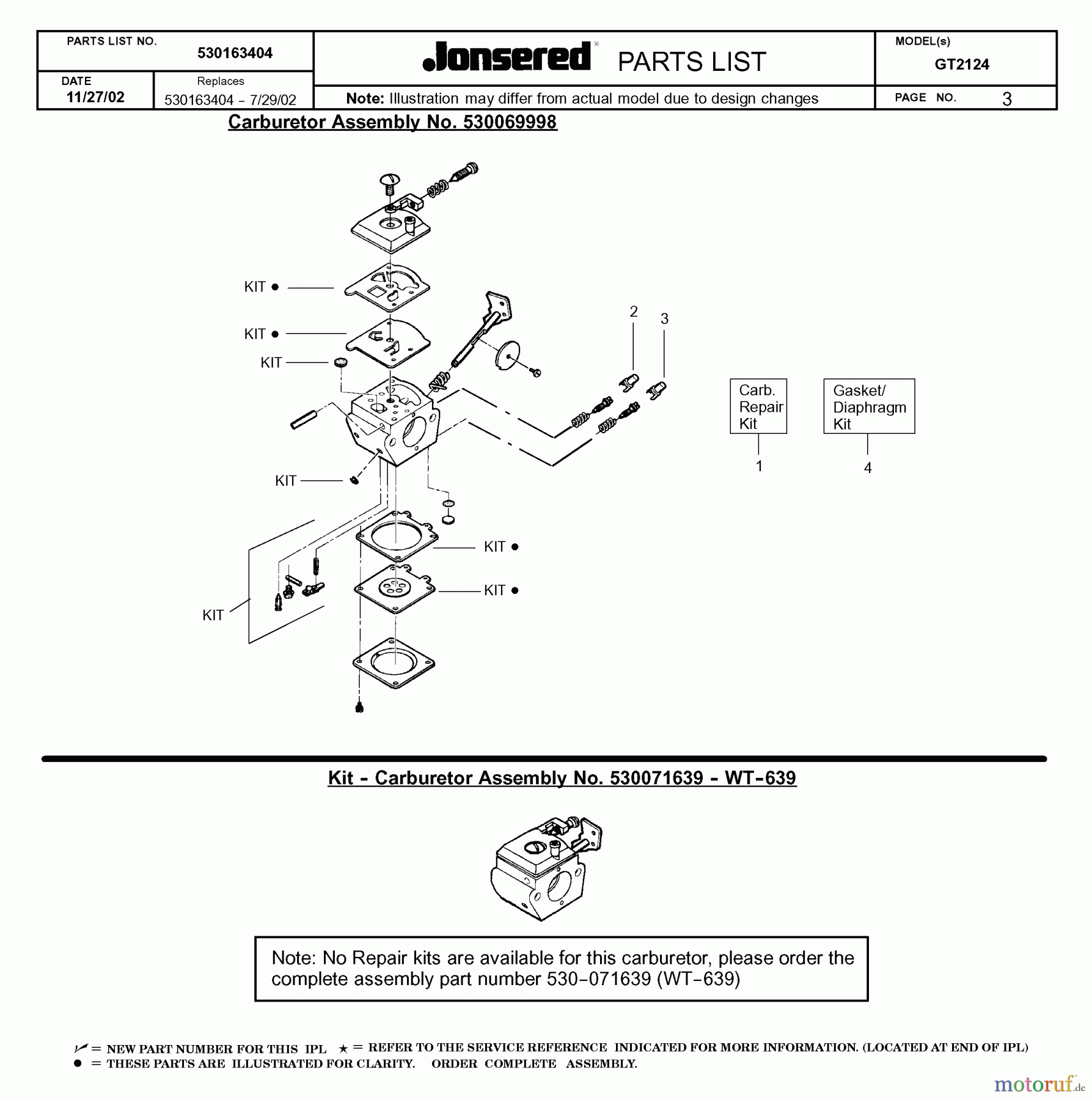 Jonsered Motorsensen, Trimmer GT2124 - Jonsered String/Brush Trimmer (2003-01) CARBURETOR DETAILS